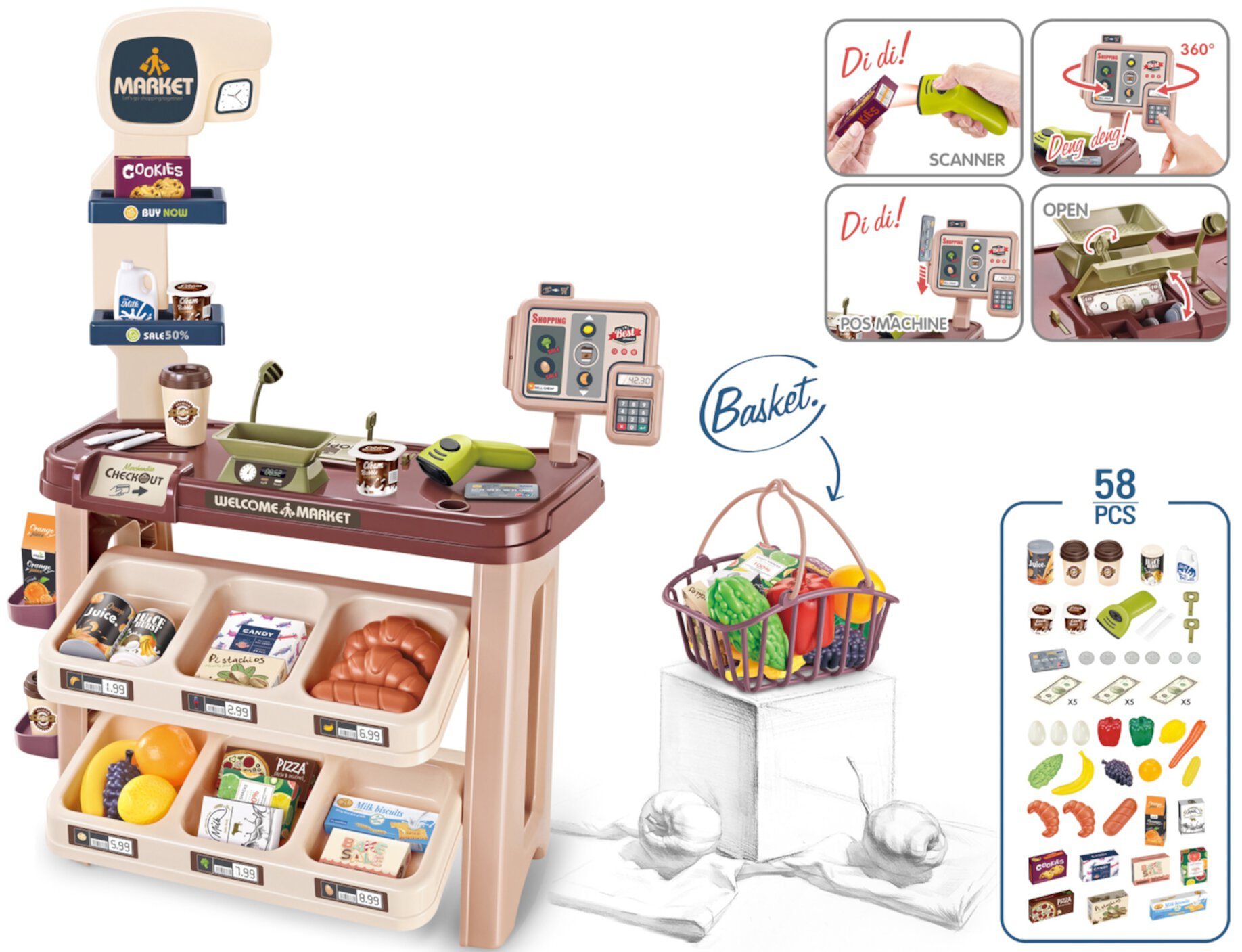 Supermarket Play Set with Shopping Basket Coffee Shop 58 Pcs for Toddler Gift +3 Year by Mundo Toys. Mundo Toys