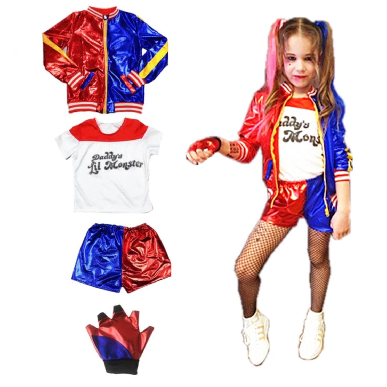 4PCS Girls Harleen Quinzel Costumes Monster T-shirts Joker Jacket Wig Baseball Bat,130cm Moning