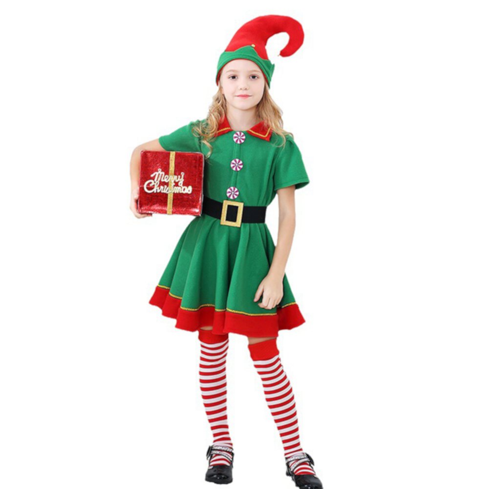 GYRATEDREAM Christmas Elf Costume for Parents and Child, Short Sleeve Dress Pants Over The Kneel with Hat, Belt and Socks for 3-20 Years Gyratedream