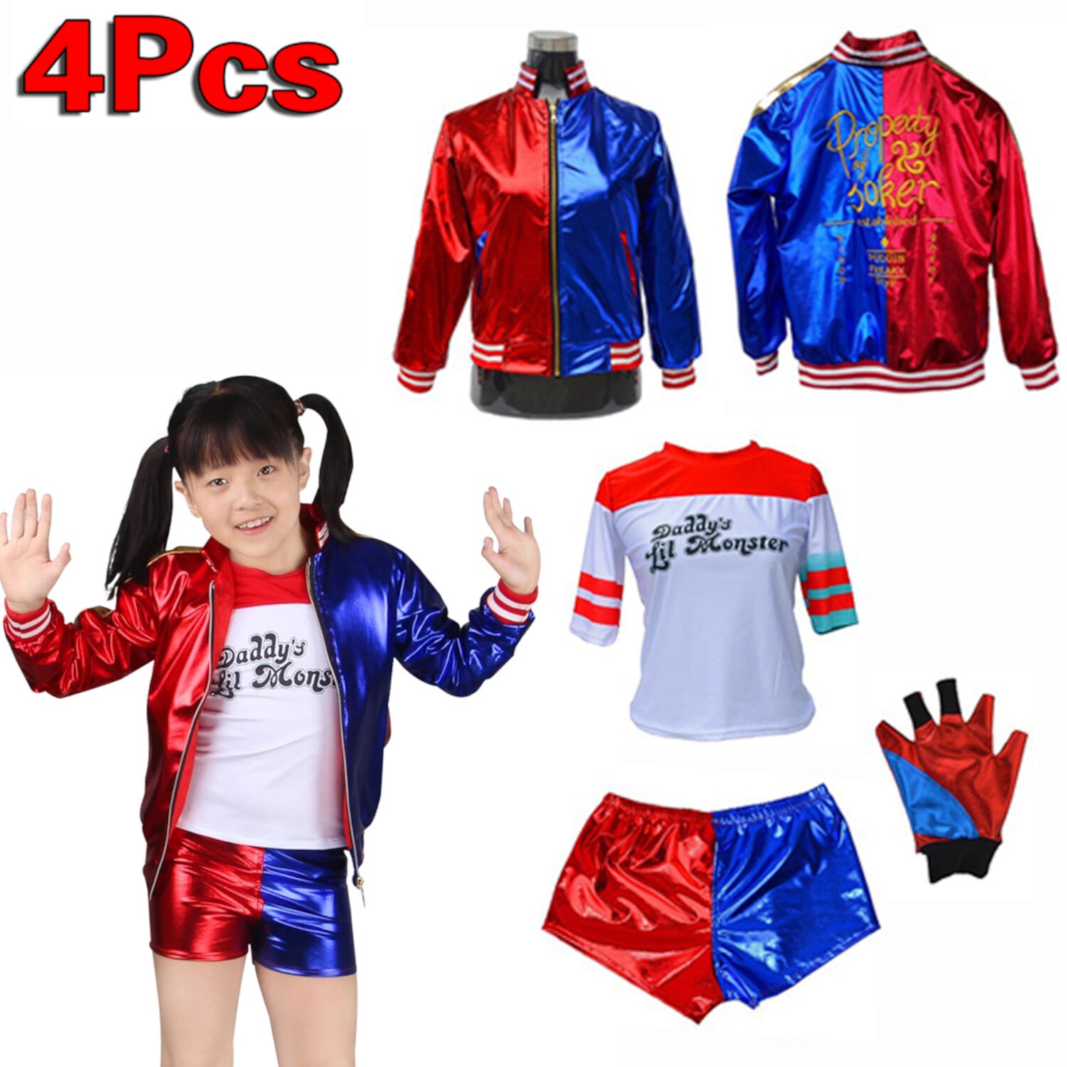 4PCS Kids Girl's Adult Harley Quinn Suicide Squad Cosplay Costume with Pants and Jacket Party Christmas New Year Clothes(Kids, 130) Moning