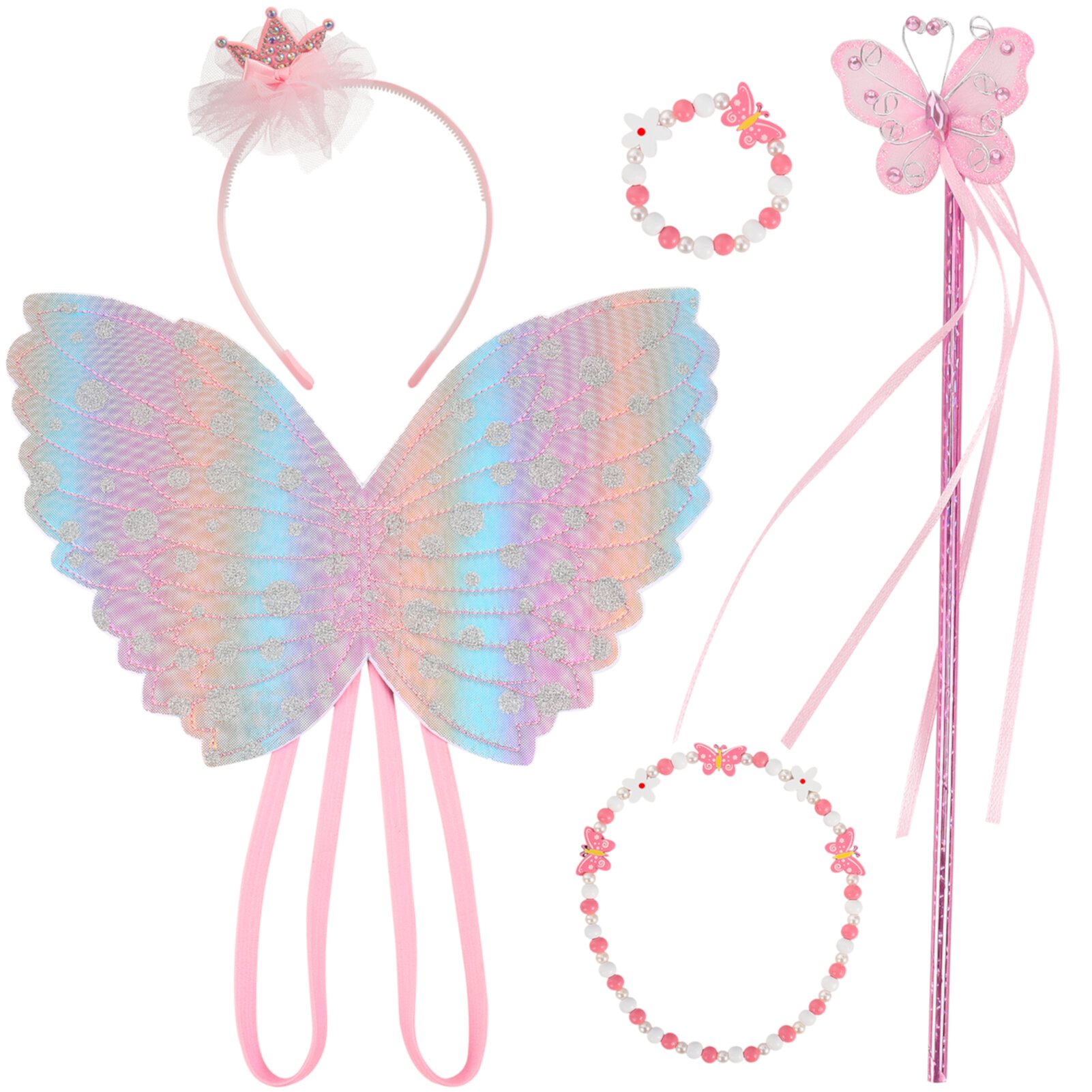 sixwipe Fairy Wings for Girls, Butterfly Wings with Fairy Wands, Crown Crystal Tiaras, Girl Butterfly Necklace, 12.20 x 8.66 inch Butterfly Wings Princess Dress up Fairy Costume Set for Cosplay, Party Sixwipe