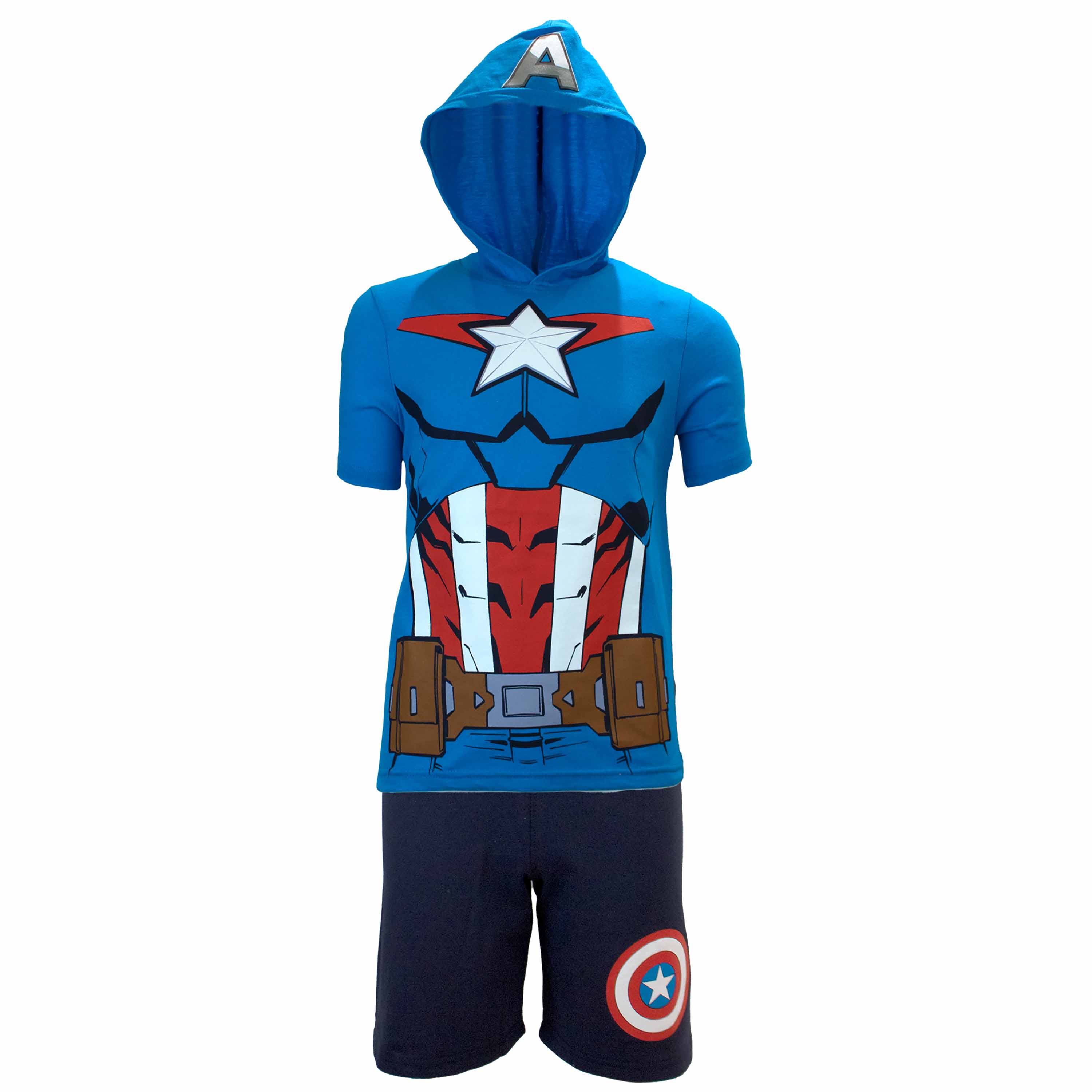 Marvel Avengers Superheroes Boys Character Lightweight Short Sleeve Hoodie T-Shirt & Shorts Ath Short Set (Captain America, Sizes 2T-16) Marvel