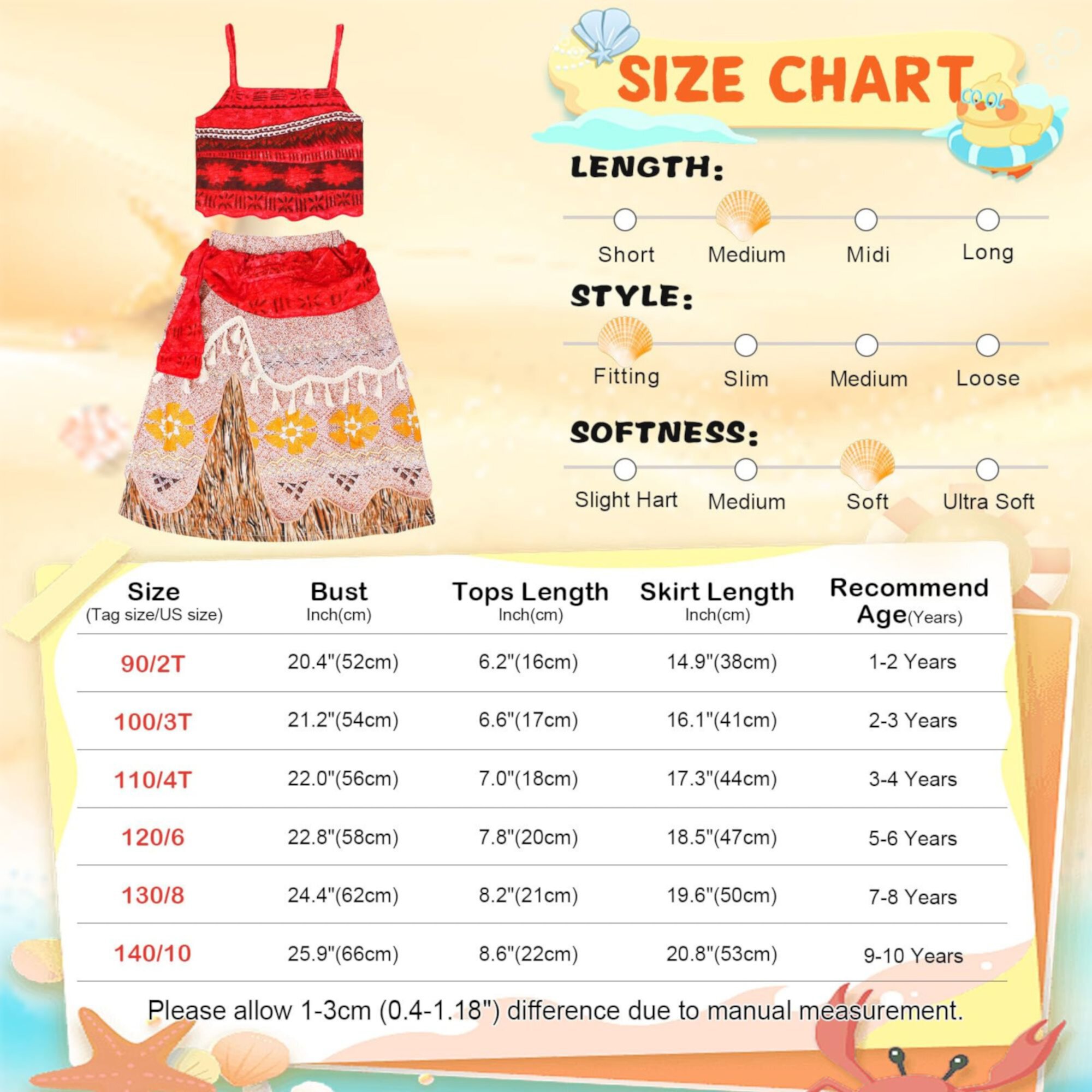 Jurebecia Princess Moana Costume for Girls Adventure Outfit Two-Pieces Crop Top Skirt Set Birthday Party Clothes 90 CM 1-2 Years Visit the Jurebecia Store