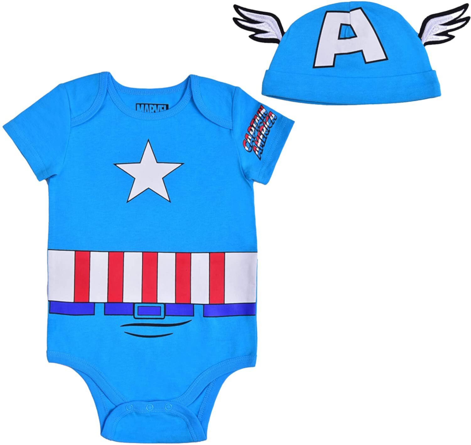 Avengers Short Sleeve Onesie with Cap, Captain America Bodysuit, Baby Costume Romper Set, Size 12M Blue Marvel