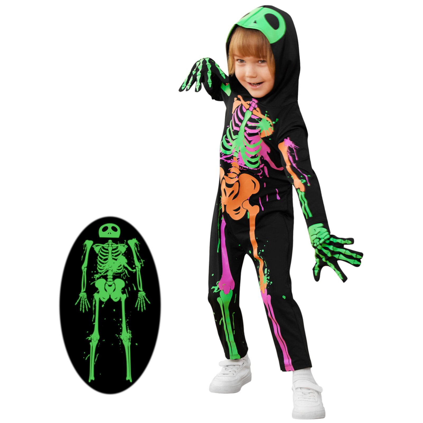 SYNPOS 3-7T Kids Skeleton Costume Glow in The Dark Skeleton Halloween Outfit for Toddler Dress up SYNPOS