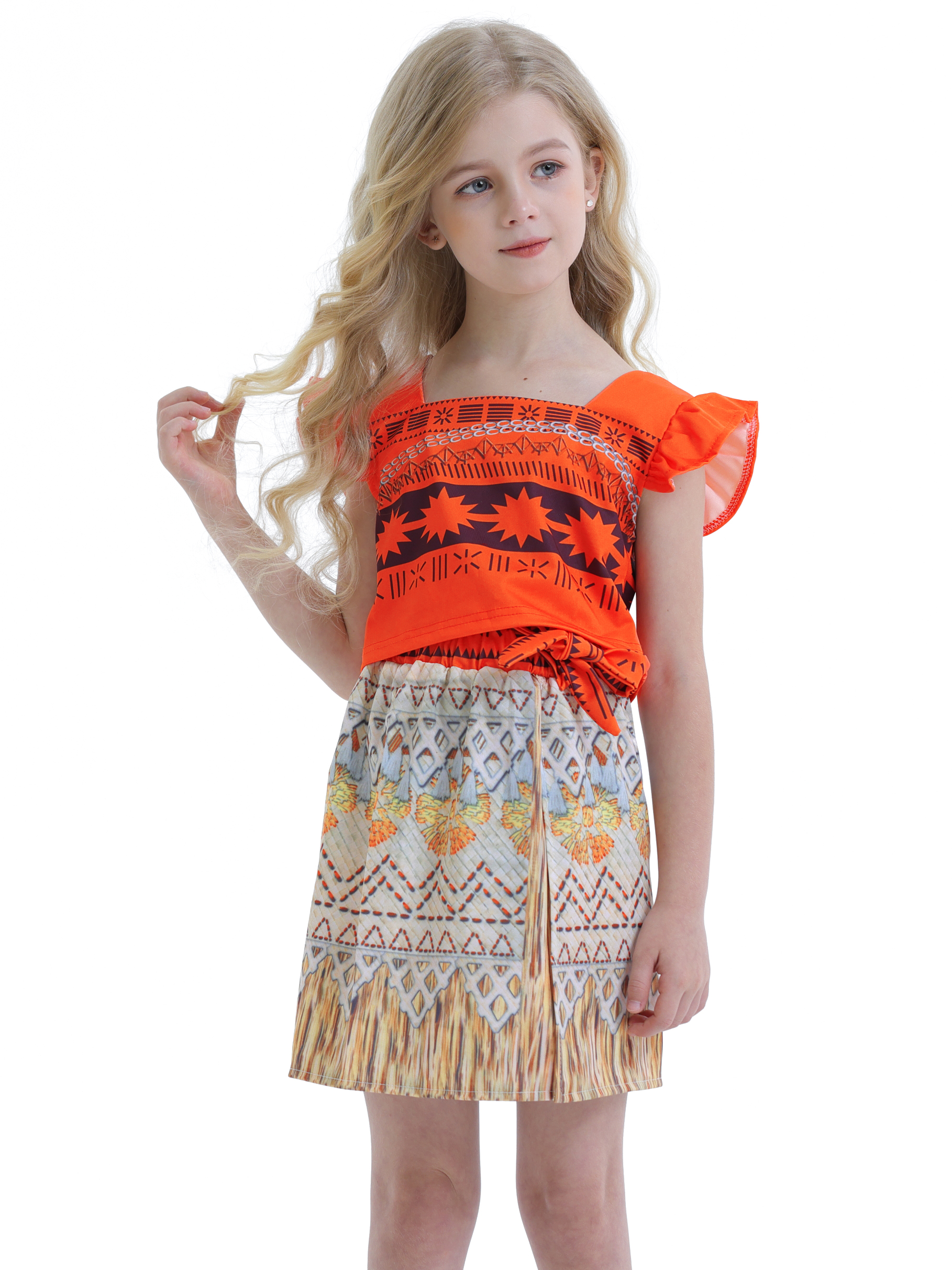 Jurebecia Girls Moana Costume Princess Costume Ruffle Sleeve Skirt Kids Dress up Cosplay Outfit 8-9 Years Visit the Jurebecia Store