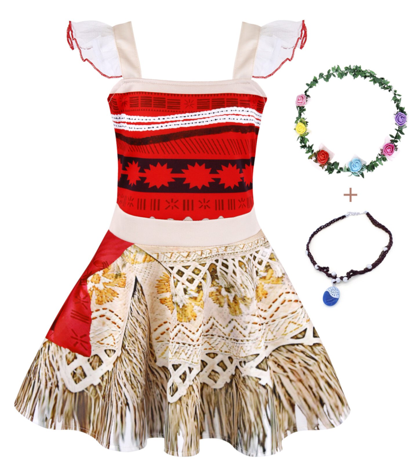 Jurebecia Moana Princess Dress for Little Girls Fancy Costume for Kids Cosplay Halloween Christmas Outfits with Accessories Red/White 5-6 Years Visit the Jurebecia Store