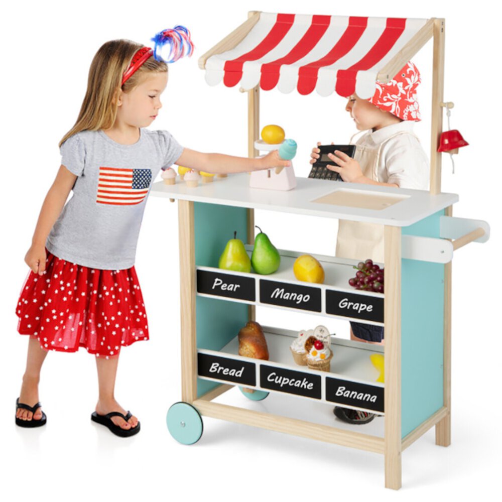 Spaco Kids Wooden Ice Cream Cart with Chalkboard and Storage, Gifts for Boys and Girls Aged 3-8, Kitchen Playset Chef Pretend Play Set SPACO