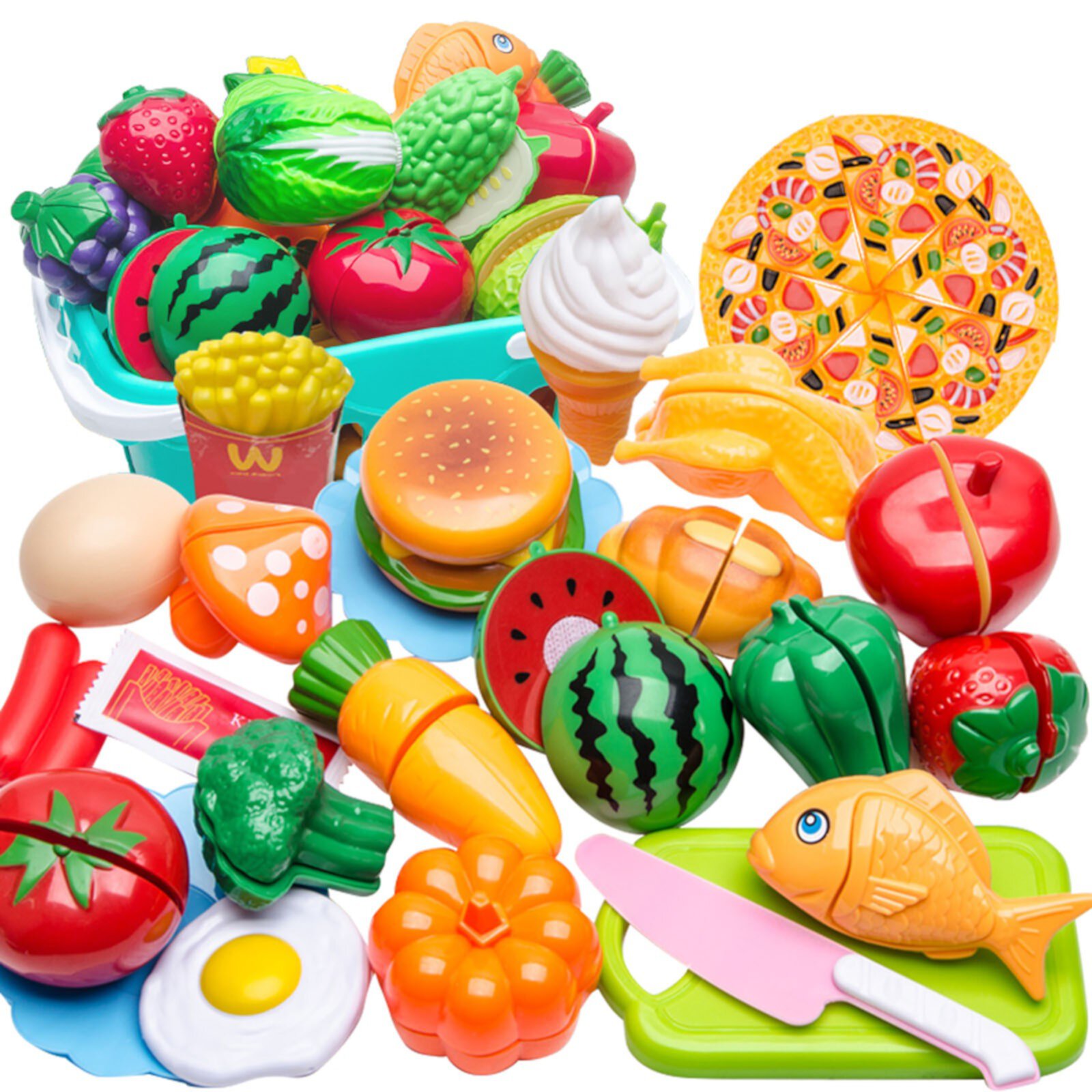 Play Food Toys For Kids Kitchen Set Playset Accessories Peel Cut Toy Food Fruits And Vegetables Toys Christmas Birthday Gift For Toddlers Girls Boys Kids Storage HAZUUNN