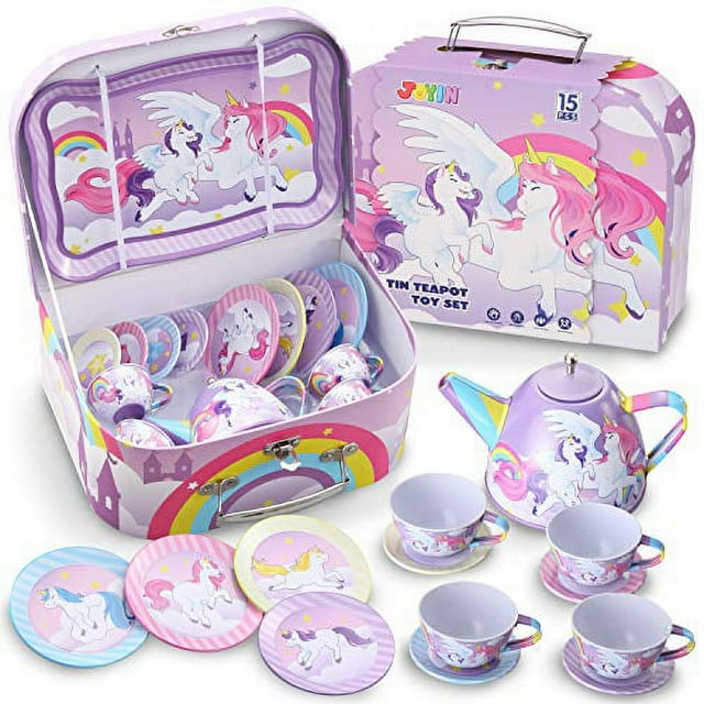 JOYIN Tea Party Set for Girls, Unicorn Pretend Play Teapots Set - 15 Pcs, Pink JOYIN