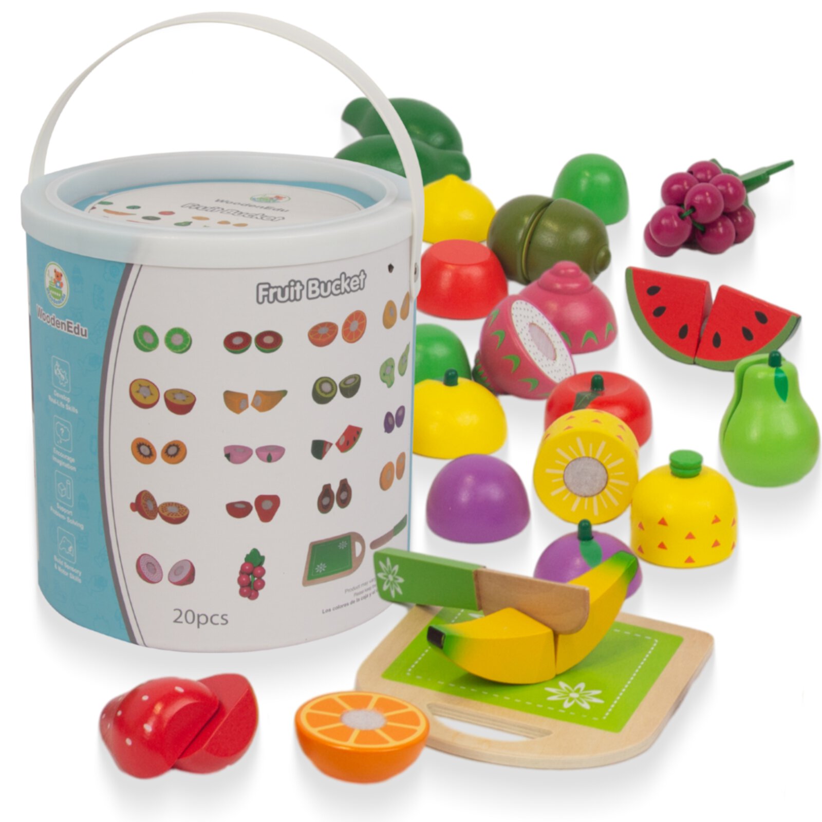 WoodenEdu Wooden Play Food for Kids Kitchen, 38PCS Cutting Fruits Toys for Toddlers Pretend Vegetables Gift for Boys Girls Educational Toys (Fruit Bucket) WoodenEdu