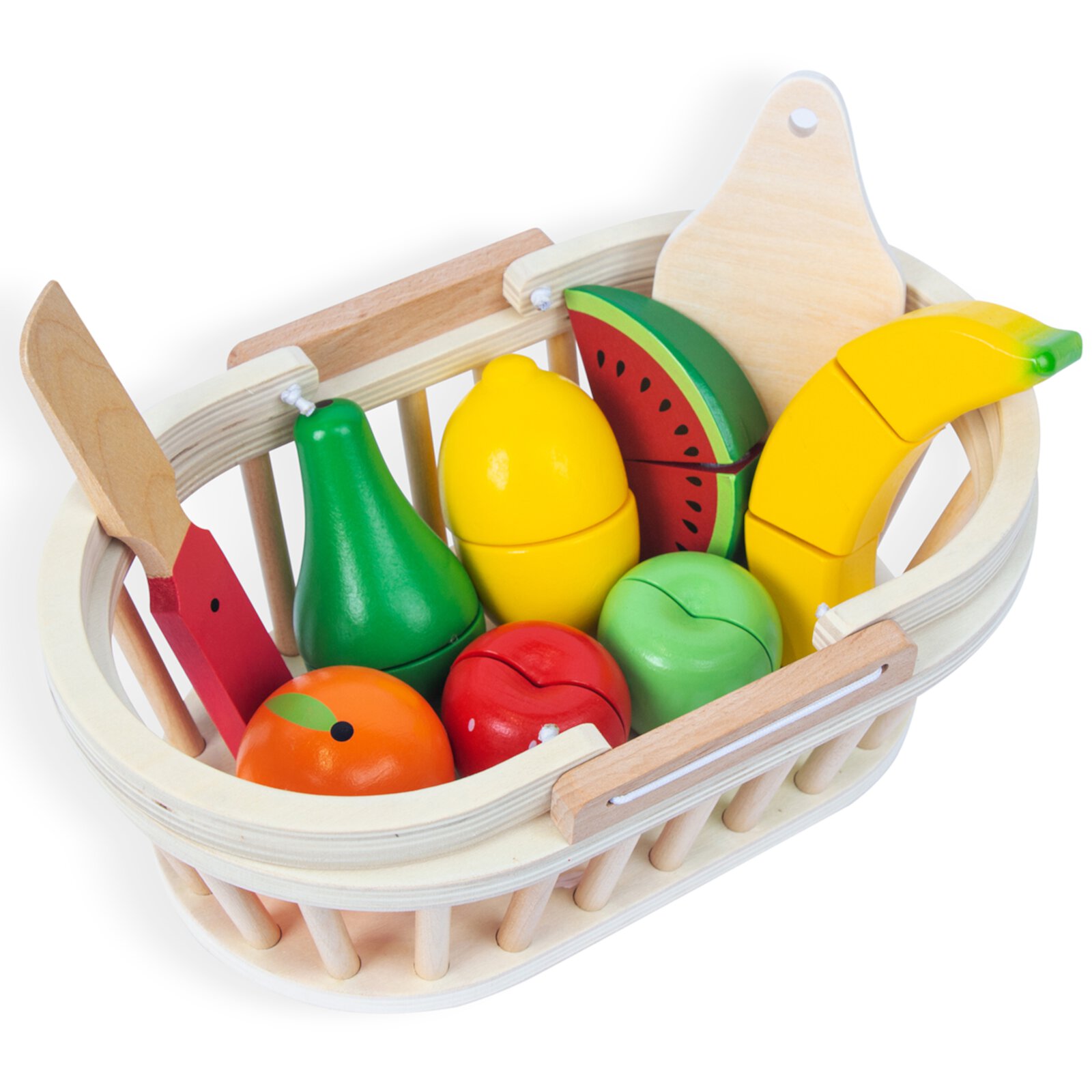 Wooden Cutting Fruits Vegetables Set for Kids, Pretend Play Food Toy Set with Wooden Knife, Tray and Basket for Boys Girls (Fruit Basket) WoodenEdu