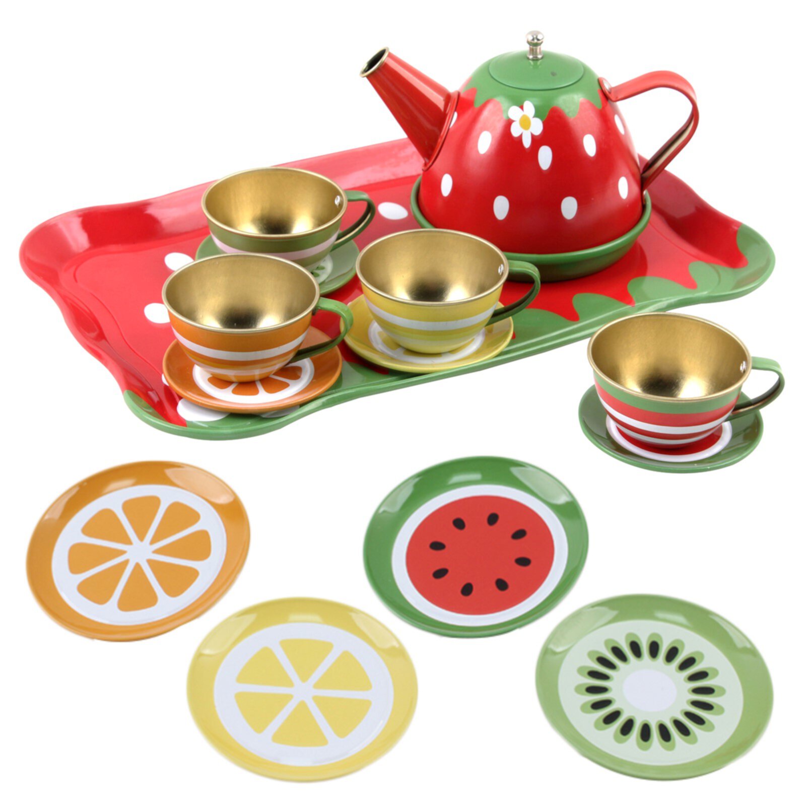 Vokodo Kids Fruit Themed Pretend Play Tea Set 14 Piece Durably Built From Food-Safe Material BPA-Free Kitchen Playset Perfect Early Learning Preschool Toy Great Gift For Children Girls Boys Toddlers Vokodo