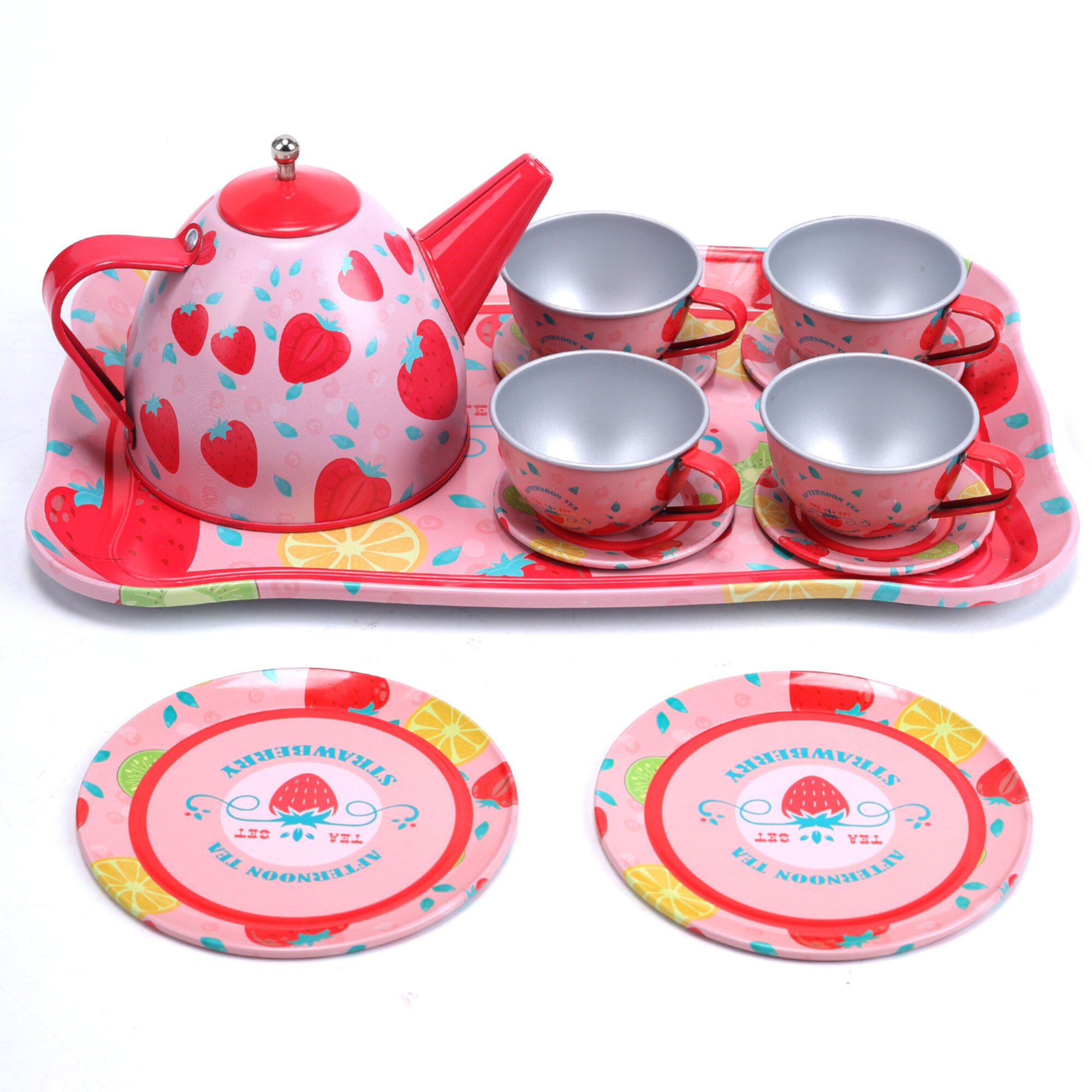 Tea Party Set for Girls Pretend Play Strawberry Tin Teapot Set Pink Tea Set Kitchen Toy for Kids Toddlers Age 2-4-6 Generic