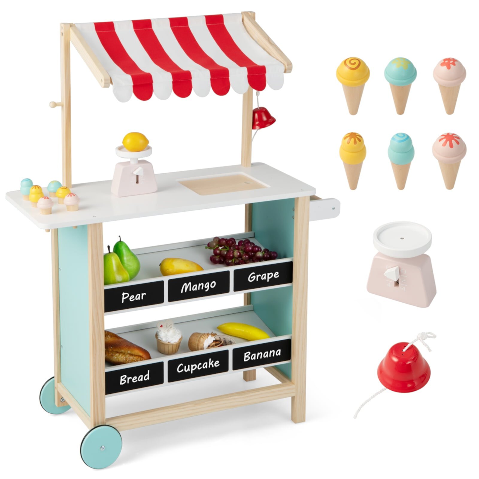 Costway Kids Ice Cream Cart Wooden Toddler Farmers Market Stand W/ Chalkboard & Storage Costway