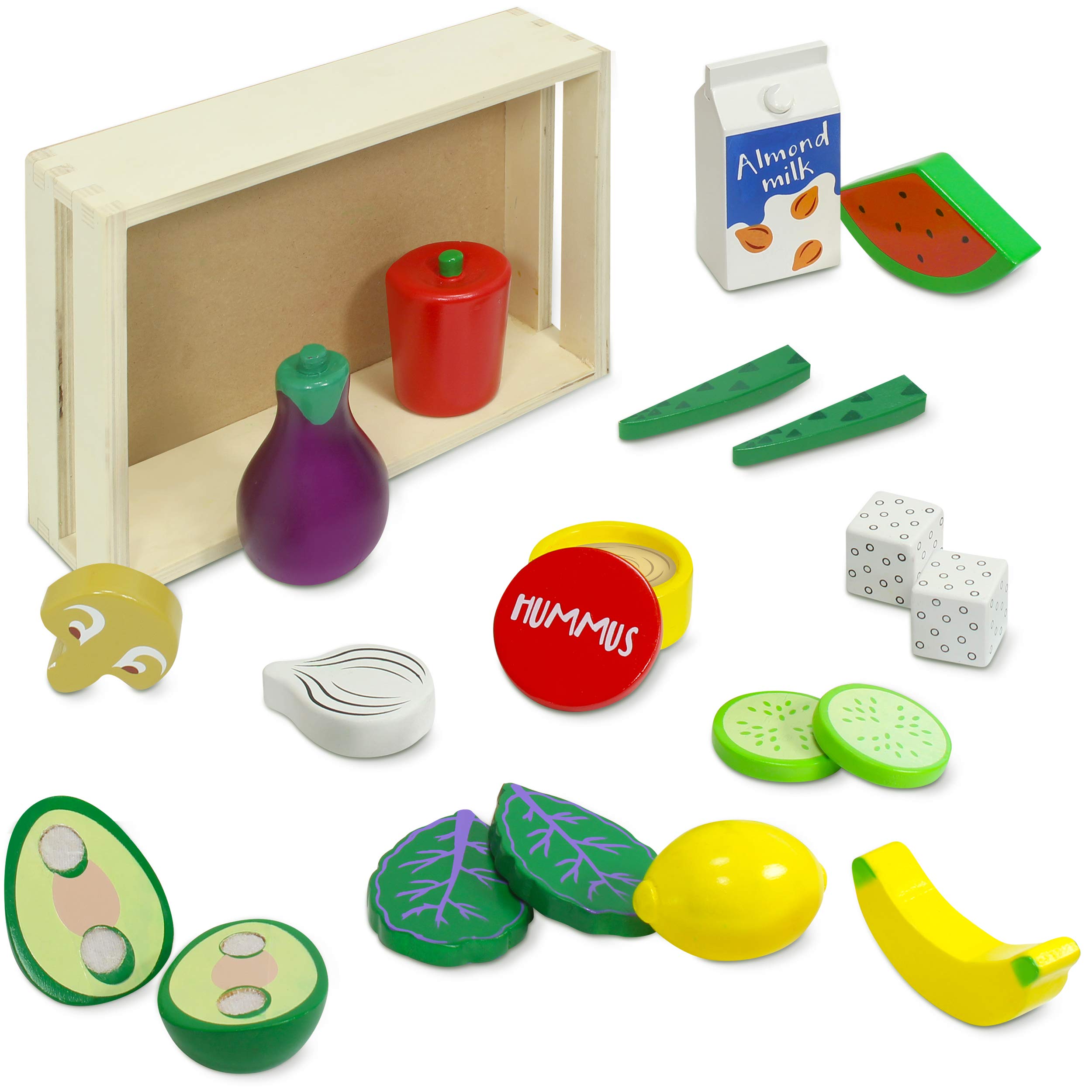 Kidzlane Wooden Vegan Food Set with Storage Crate | Wooden Play Food Kitchen Toy | 20 Piece Set! Kidzlane