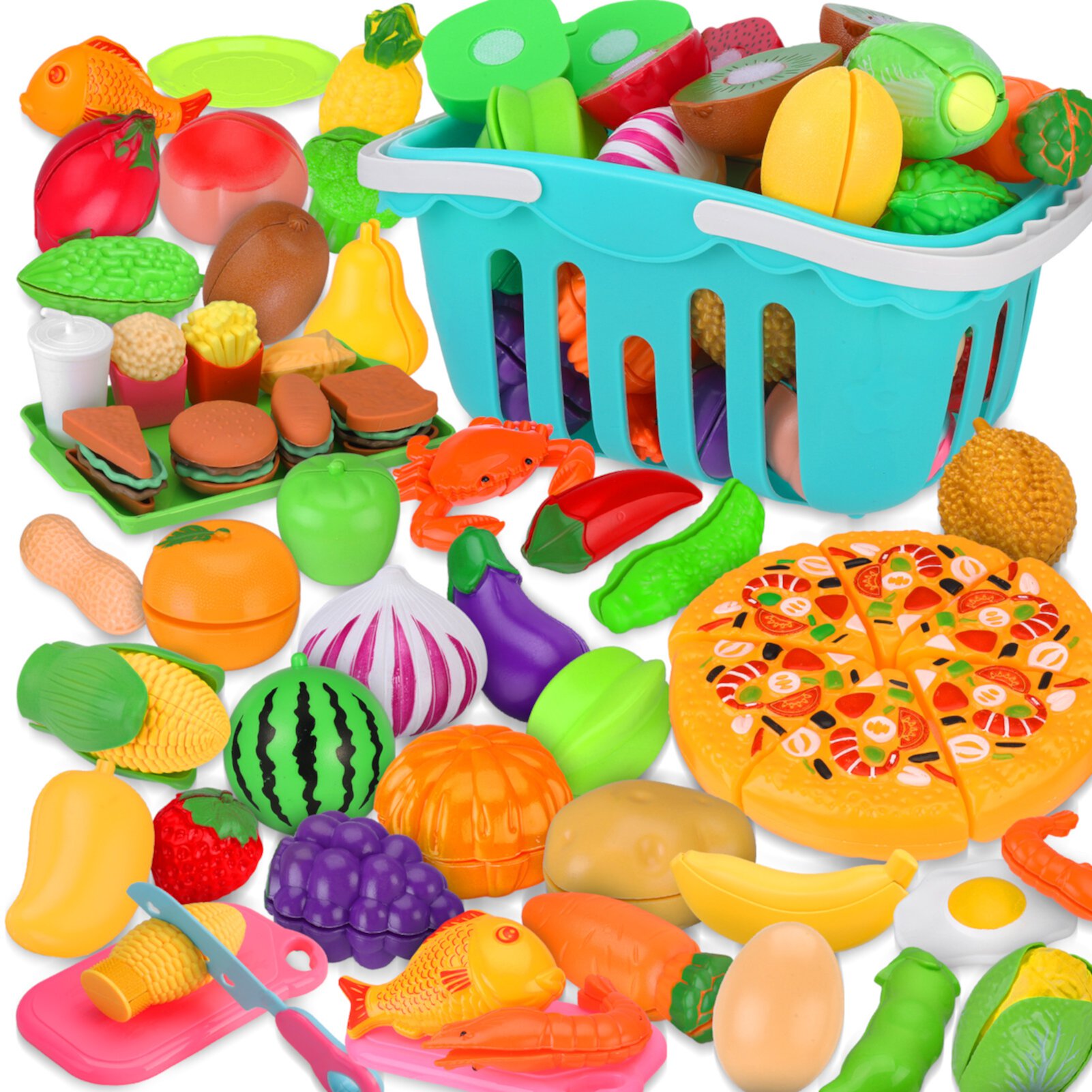 sixwipe 52 Pcs Cutting Play Food Toy, Kitchen Pretend Food Set for Toddler, Kitchen Toys Accessories with Baskets, Fake Food, Fruit, Vegetable, Birthday Gifts for Toddlers Boy Girl Sixwipe