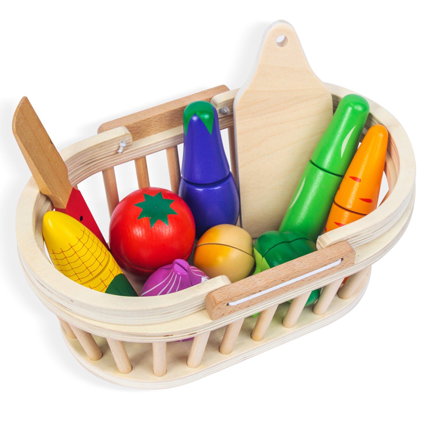 WoodenEdu Wooden Cutting Fruits Vegetables Set for Kids, Pretend Play Food Toy Set with Wooden Knife, Tray and Basket for Boys Girls (Vegetable Basket) WoodenEdu