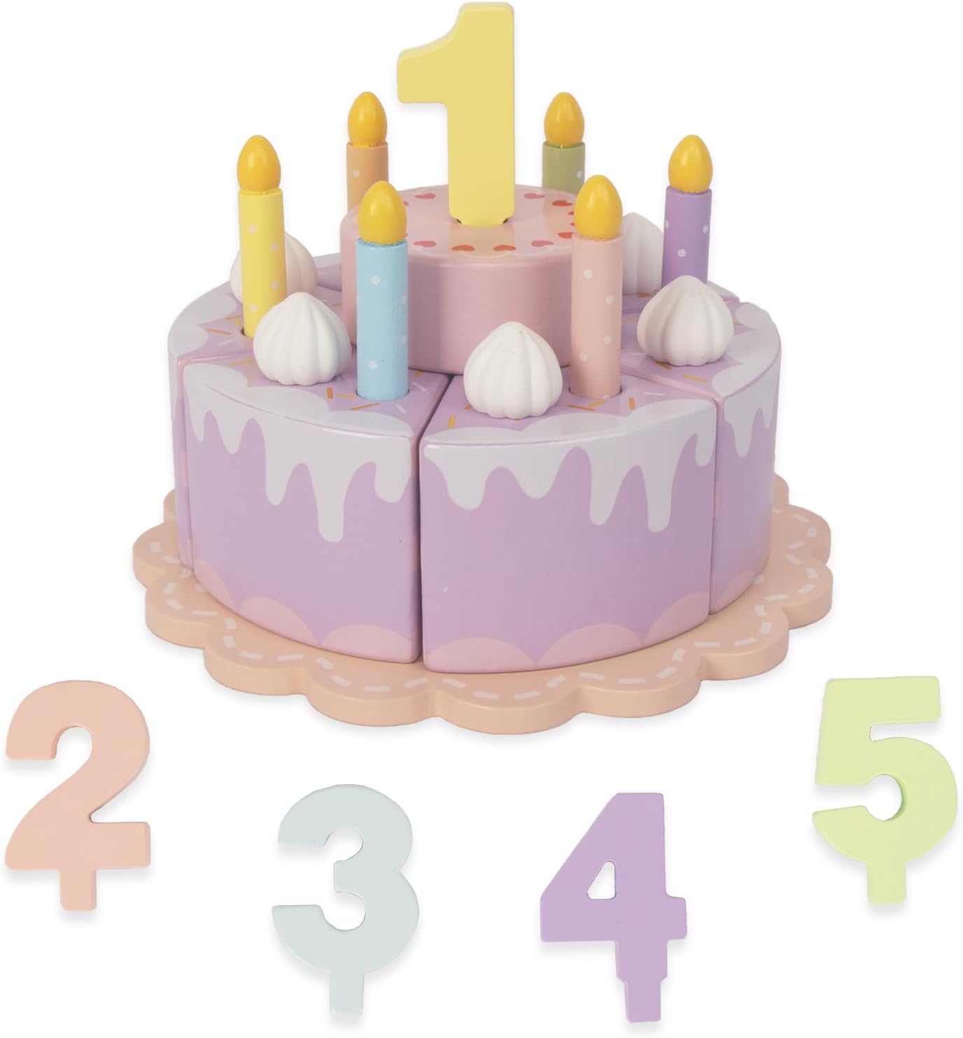 WoodenEdu Pretend Play Food for Toddlers 1-3,Wooden Birthday Fake Cake with Candles and Numbers,Tea Party Learning Kitchen Gift Toys for Boys Girls (Cream Cake) WoodenEdu