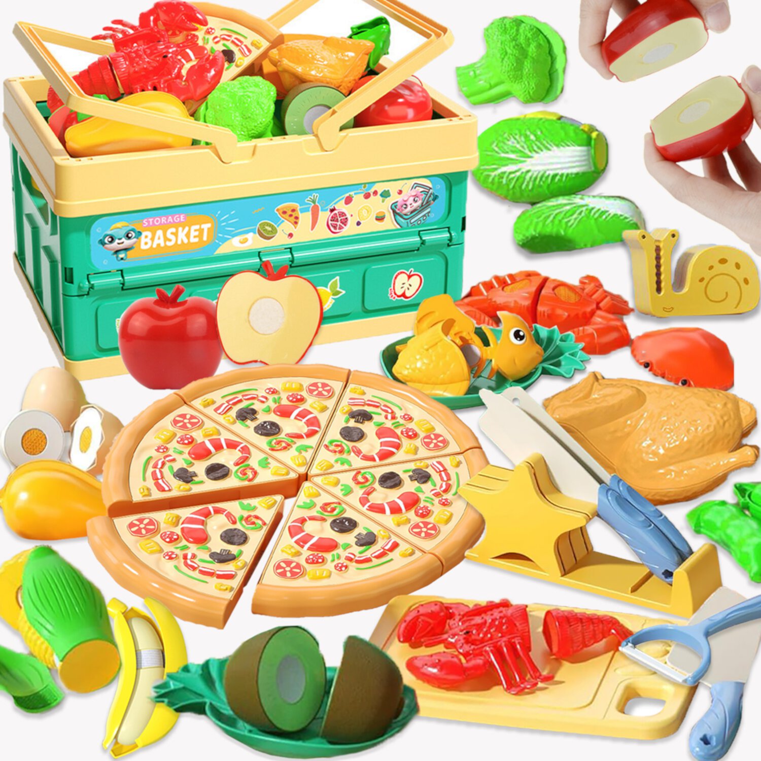 Caunedy Pretend Play Food Sets for Kids, Pizza Toy & Cutting Fake Food,Fruits & Vegetables, Pretend Food Toys for Toddlers Boys Girls Birthday Gift CAUNEDY