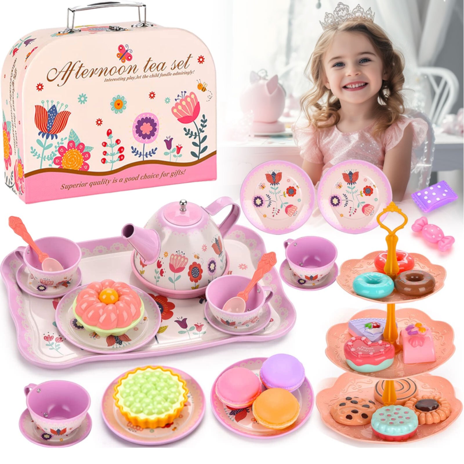 Beefunni Tea Party Set for Little Girls, Princess Tea Set for Toddlers, Flower Design Toy Tea Set with Teapot, Cup, Plate, Coaster, Spoon And Carry Case, Pretend Play Toys for Kids Beefunni