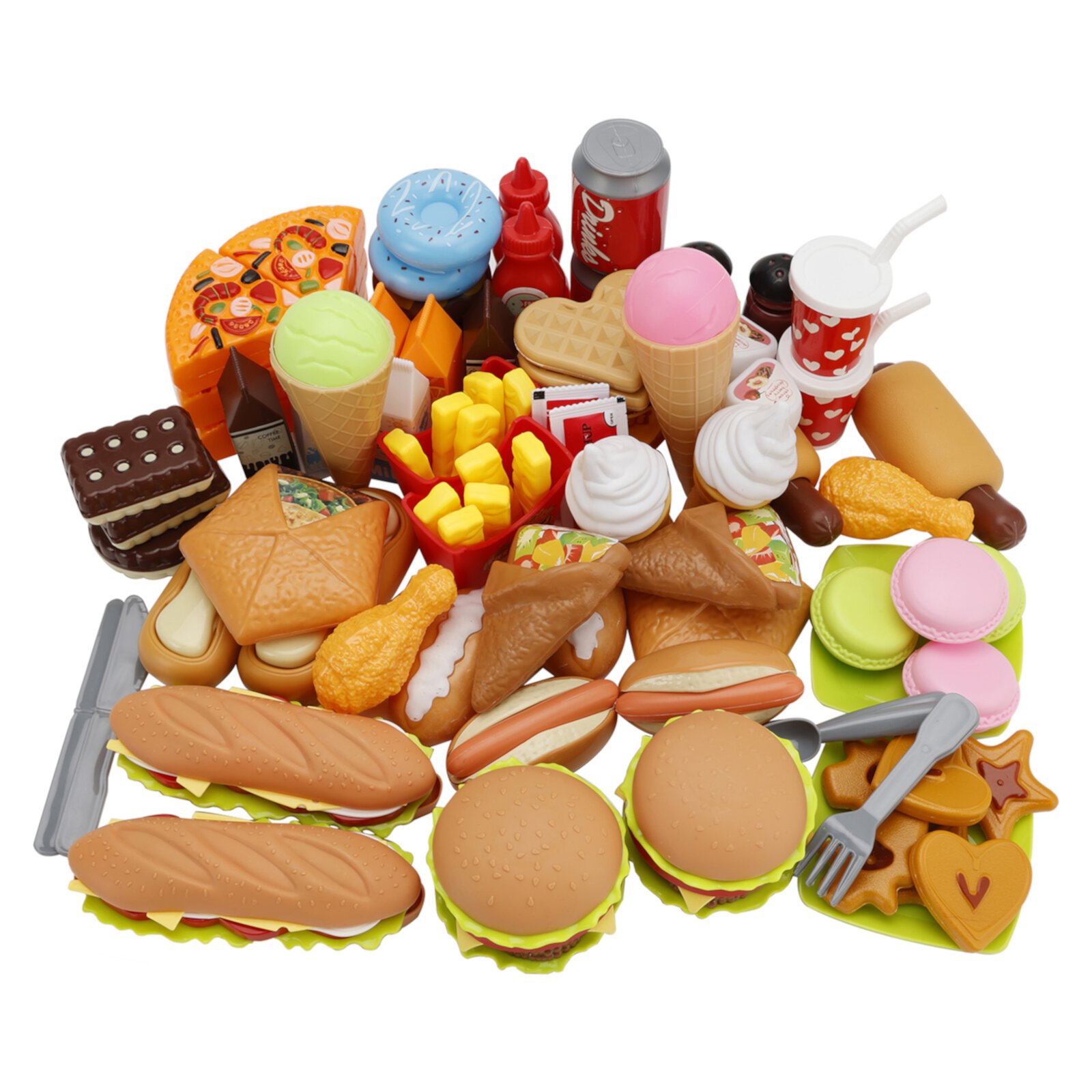 63PCS Play Food Pretend Play Fast Food Kitchen Toys Set Cutting Pizza Hamburger Ice Cream Playset for Toddler Kid Child Boys Girls Toys Bruce & Shark