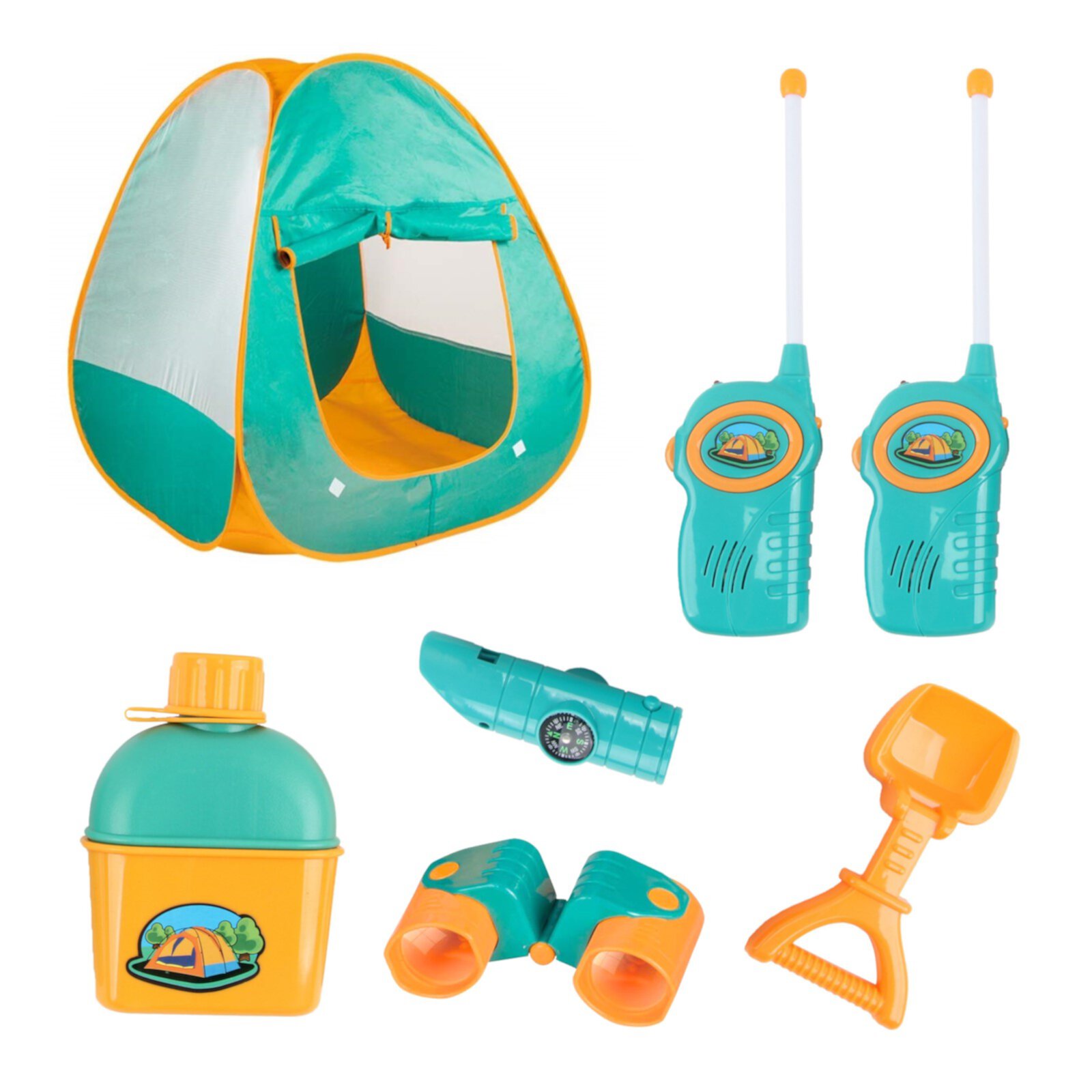 Vokodo Kids Camping Tent Playset Includes Pop Up Tent 2 Walkie Talkies and Variety of Outdoor Toy Tool Gear Playhouse Boosts Imagination Creativity Perfect Pretend Play Gift for Children Boys Girls Vokodo