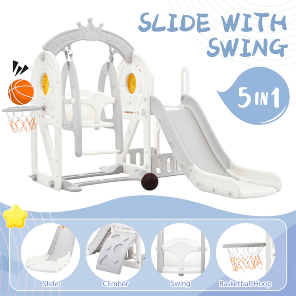 5 in 1 Toddler Slide and Swing Set, Kids Playground Climber Slide Playset with Basketball Hoop Freestanding Combination for Babies Indoor & Outdoor, Grey Triple Tree