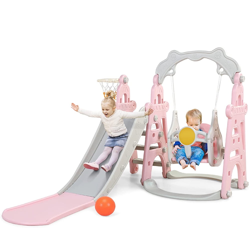 Senbabe 3-in-1 Kids Slide for Toddlers Age 1-3 Slide and Swing Set, Indoor Playground for Children, Freestanding Outdoor Slides with Basketball Hoop, Outside Climber Playhouses, Baby Climbing Toys Senbabe