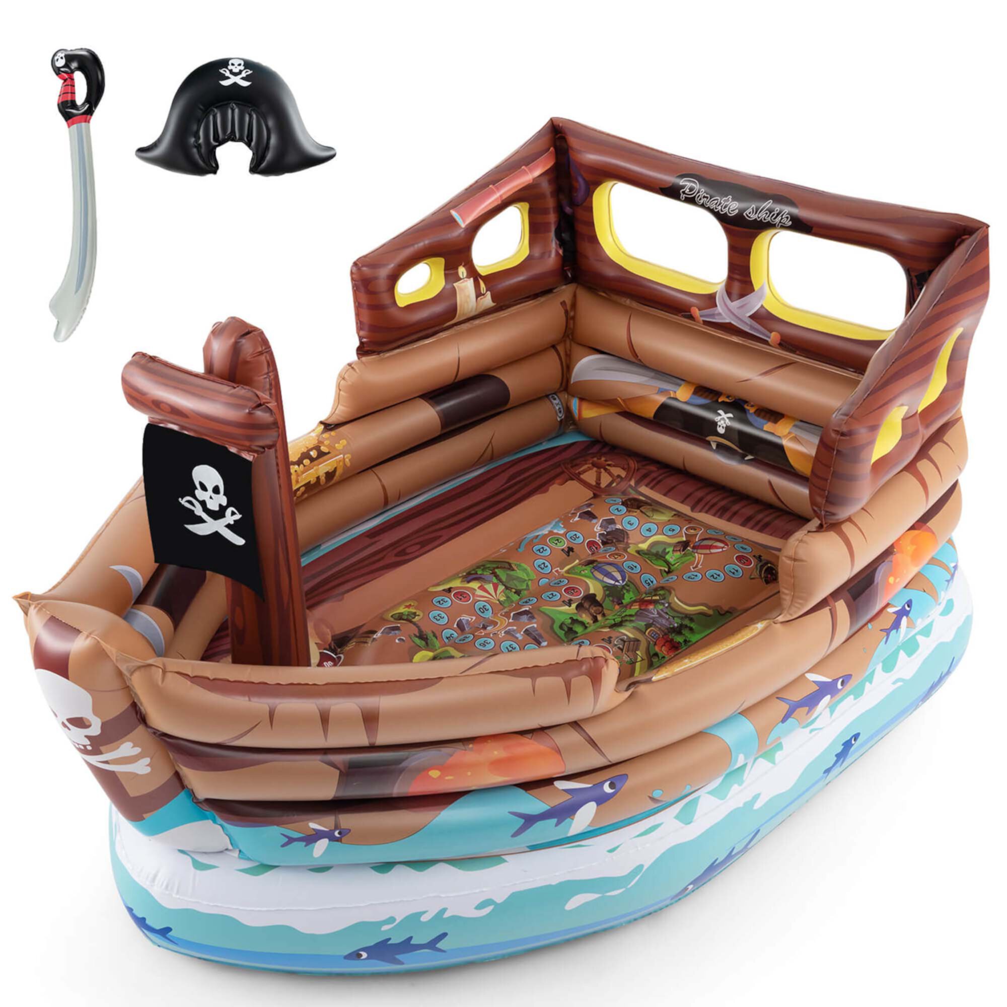 Costway Inflatable Pirate Ship Playhouse with Built in Motor Inflatable Toy Sword Costway