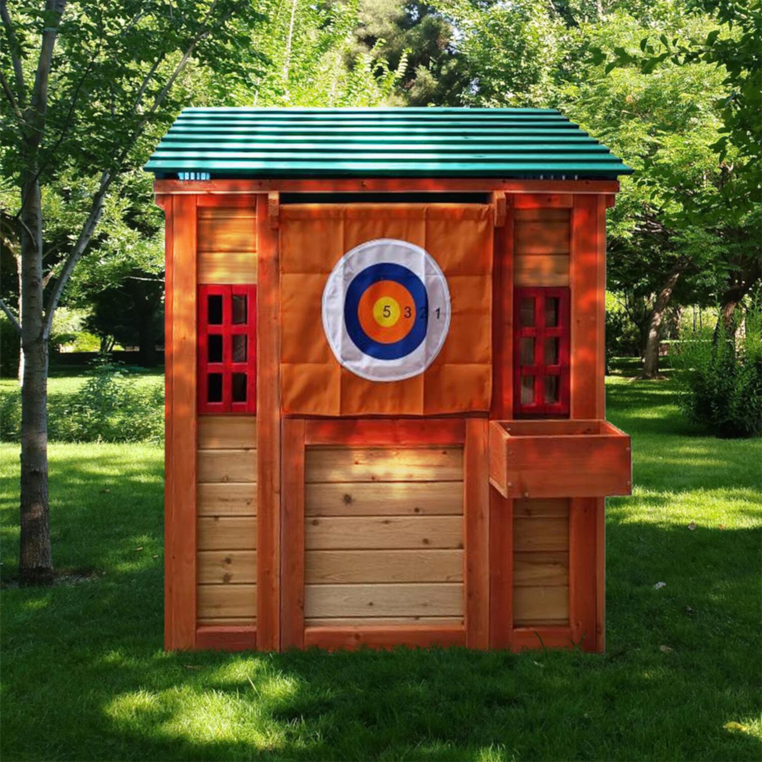 CIPACHO 64" Outdoor Solid Wooden 4-in-1 Game House for Kids Garden Playhouse with Multiple Game, Orange CIPACHO