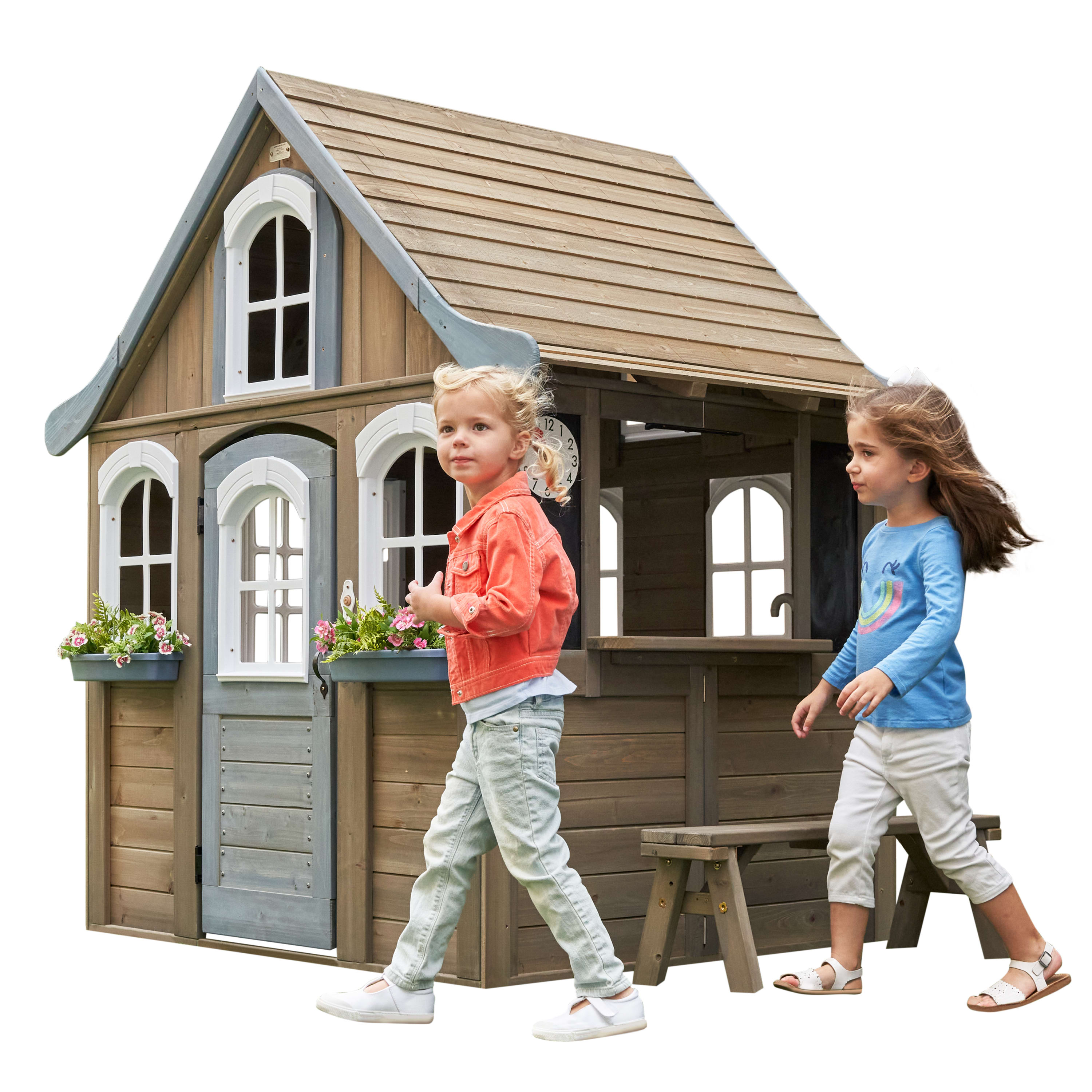 KidKraft Forestview II Wooden Outdoor Playhouse with Ringing Doorbell, Bench and Kitchen KidKraft