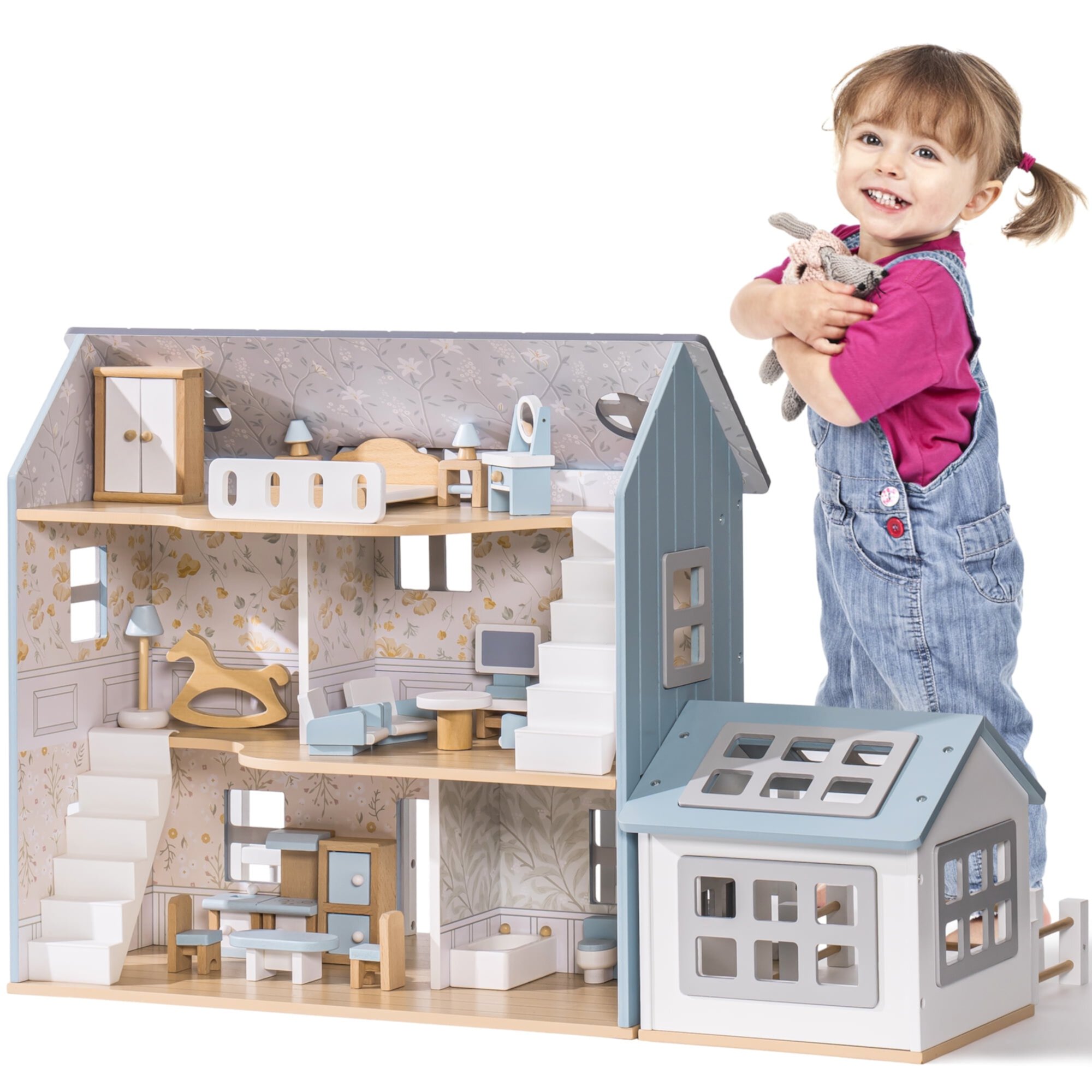 Robud Wooden Dollhouse Set with 25pcs Furniture,6-Room Doll Playhouse,Preschool Toy for Toddlers Kids Age 3+,Gray ROBUD