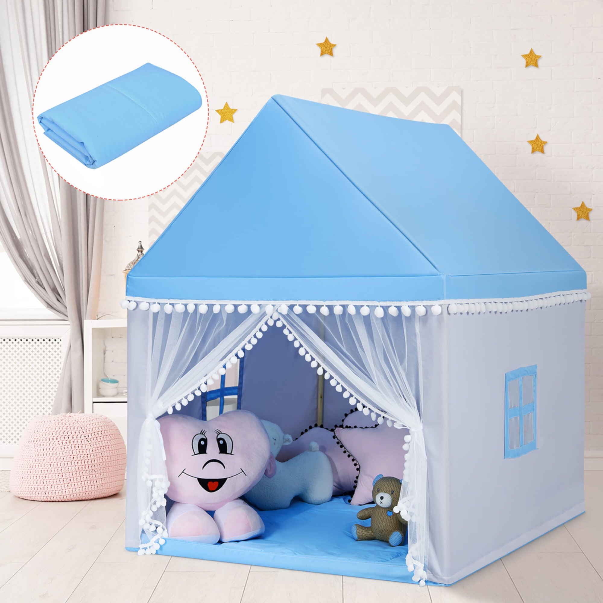 Costway Kids Play Tent Large Playhouse Children Play Castle Fairy Tent Gift w/ Mat Blue Costway