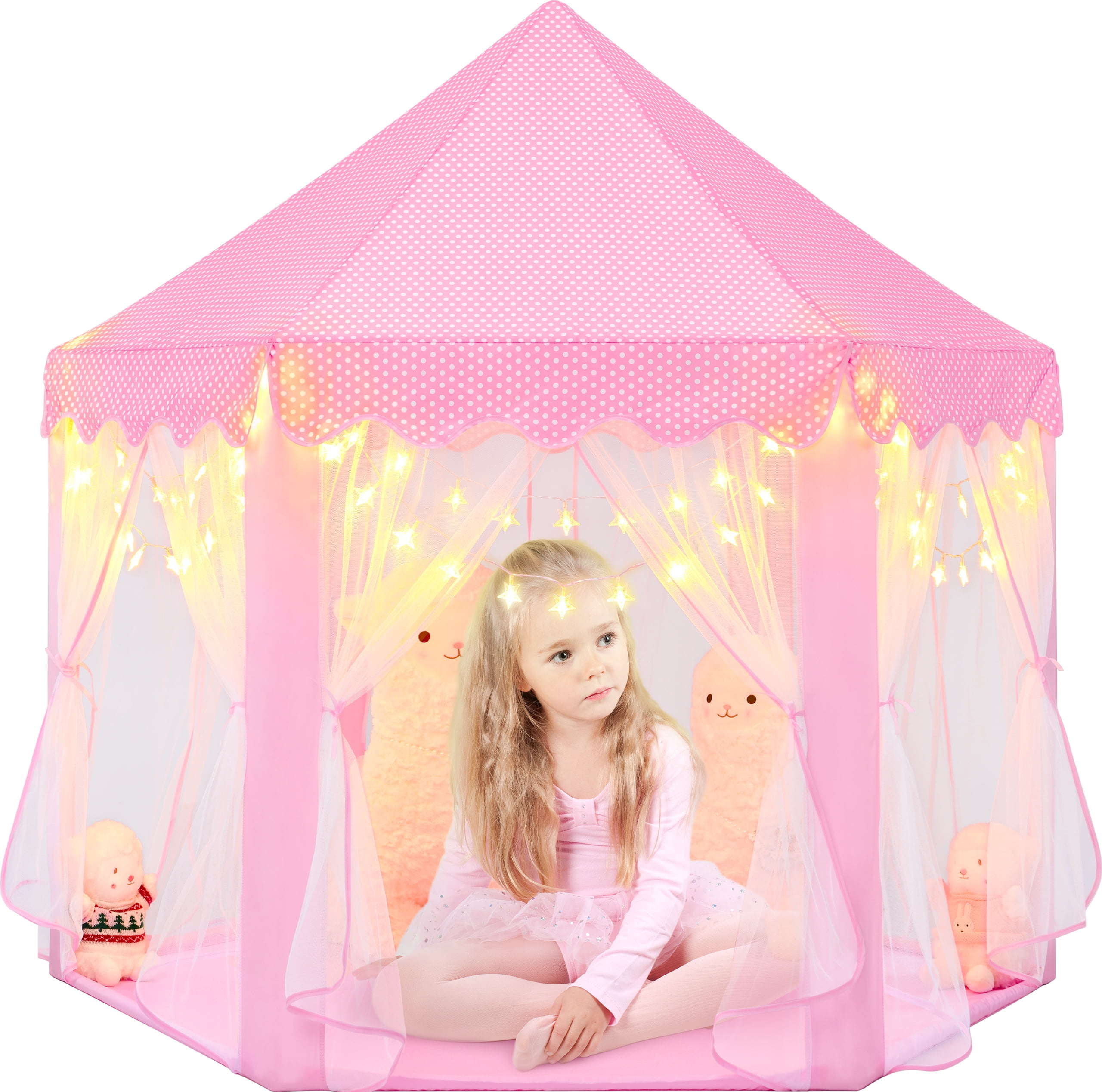 EVOIONOS Princess Tent for Girls, Kids Tent Indoor, Girls Tent with Lights, Pink Play Tent for Toddlers, Princess Castle Playhouse Tent for Girls, 55 x 53 inch Toy Tent EVOIONOS