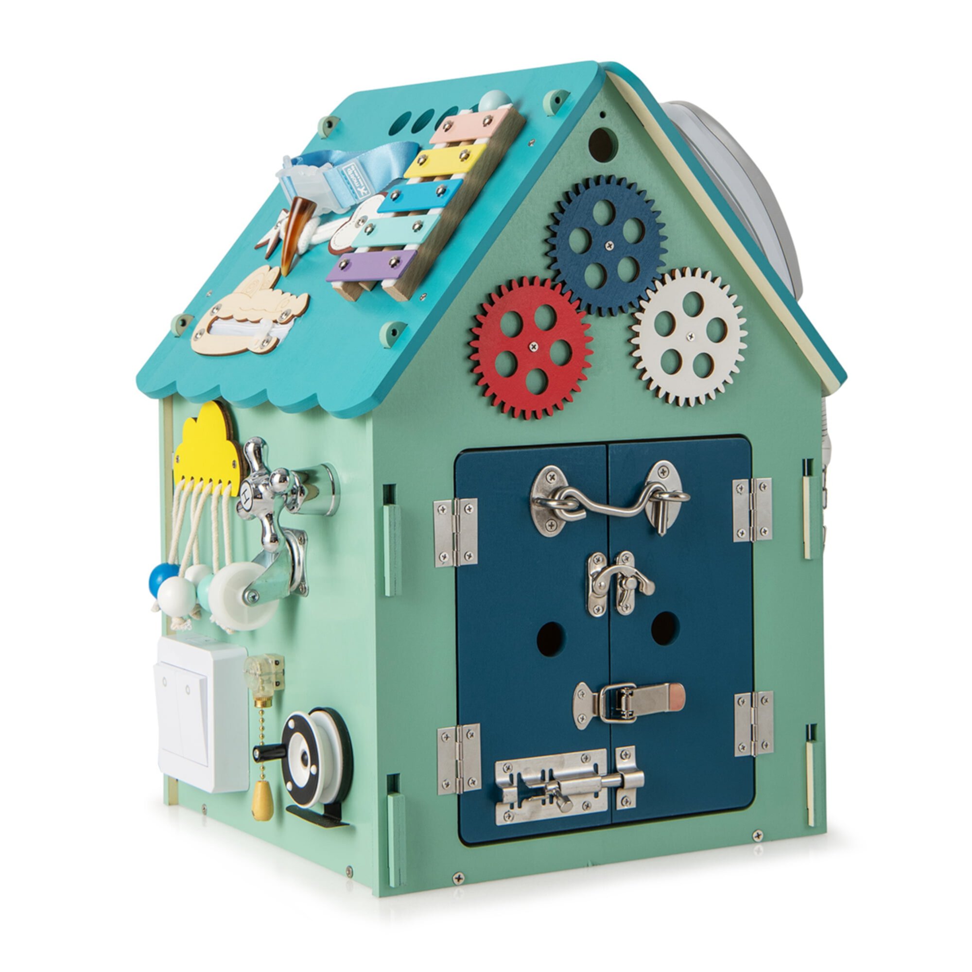 Costway Wooden Busy House Montessori Toy with Sensory Games & Interior Storage Space Blue Costway