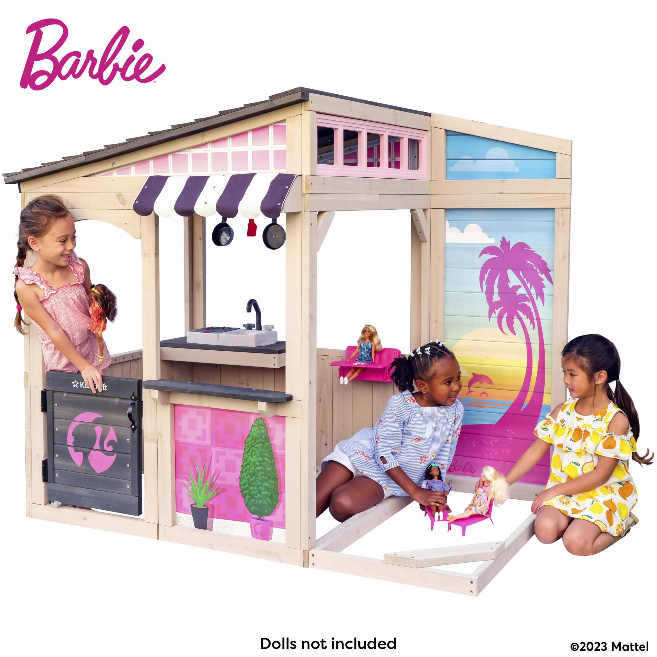 KidKraft Barbie™ Seaside Wooden Outdoor Playhouse with Attachable Doll Table and Chairs KidKraft