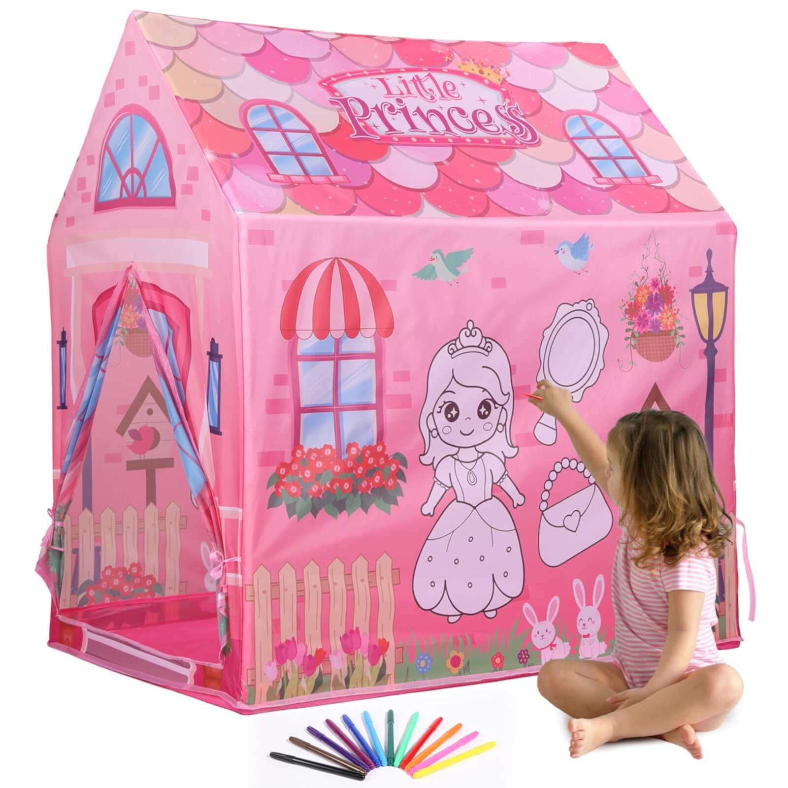 Super Joy DIY Little Pincess Playhouse Tent for Kids, Washable DIY Graffiti Tent with 12 Color Pens for Indoor Outdoor, Birthday Christmas Gift Super Joy