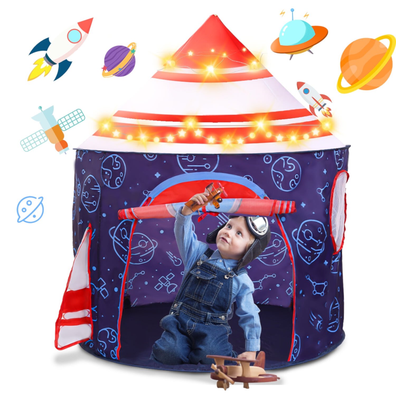 JoyStone Rocket Ship Play Tent for Kids, Astronaut Spaceship Space Themed Pretend Playhouse, Pop Up Tent with Star Lights for Children Indoor and Outdoor Games JoyStone