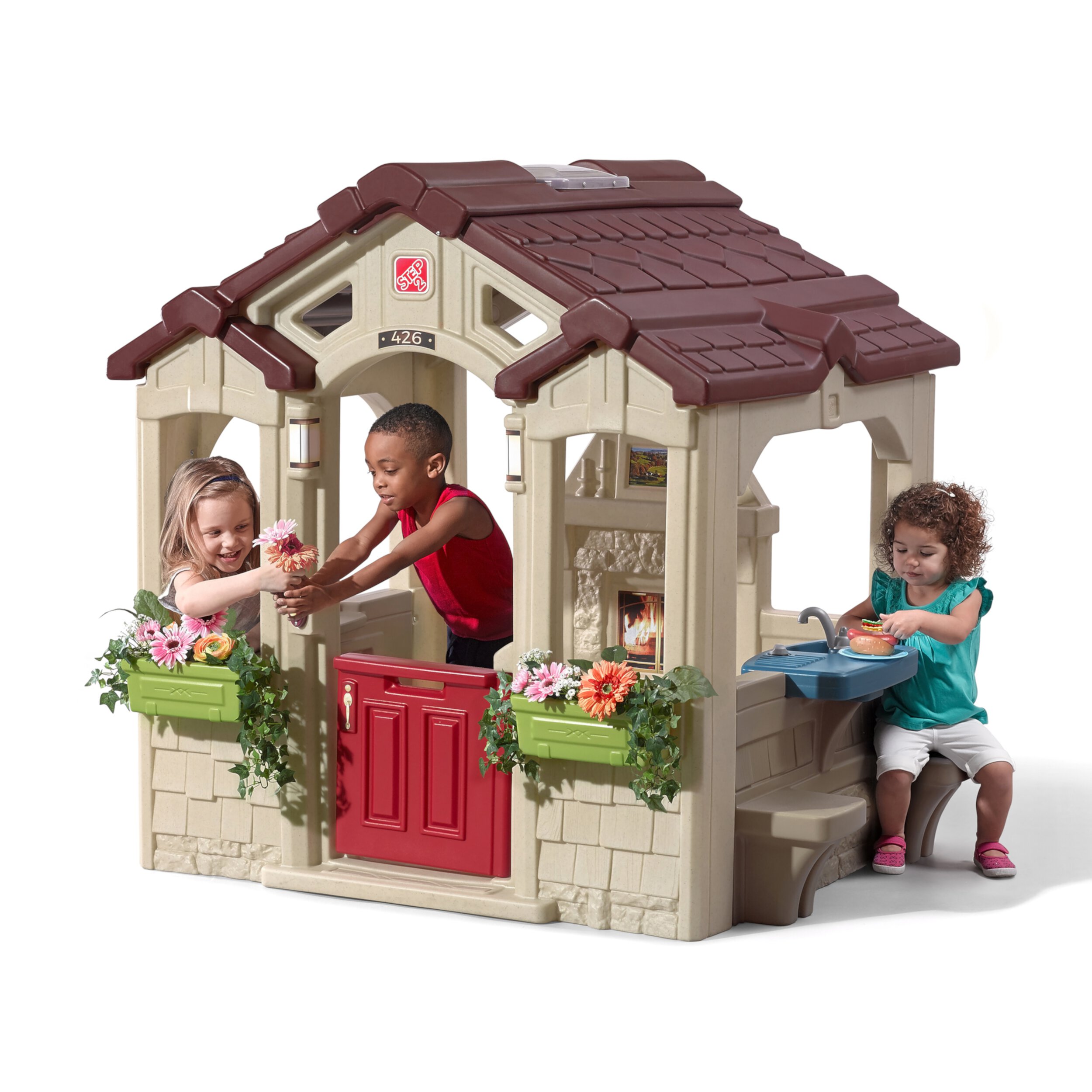 Step2 Charming Cottage Brown Toddler Plastic Playhouse for Kids Outdoor Toys Step2