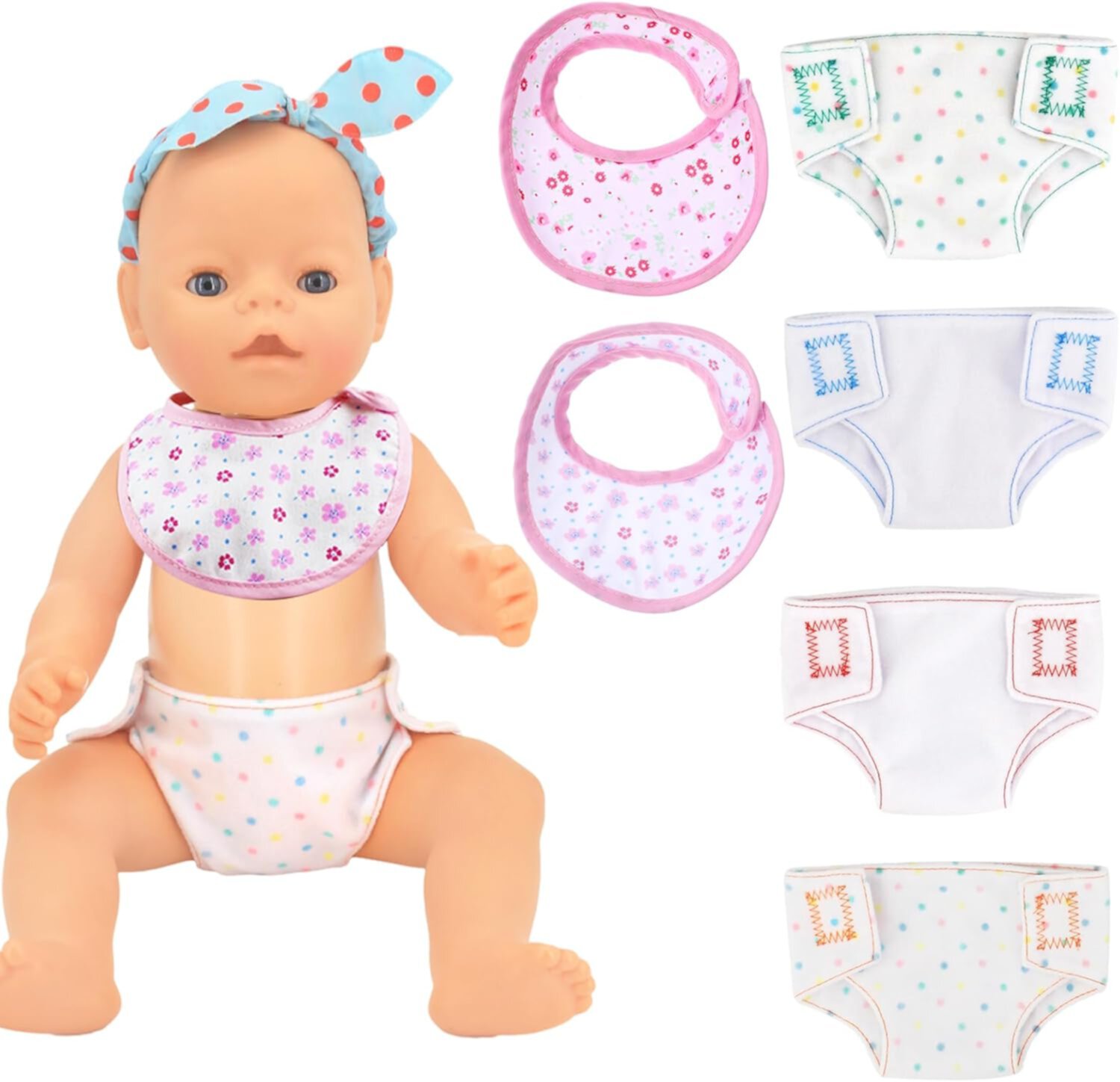 4 Pcs Baby Doll Diapers Underwear and 2 Pcs Doll Bibs for 14-18 Inch, Reusable Doll Diapers Set, Baby Doll Accessories Suitable for Infant Dolls Baby Girls Boys Binlechuang