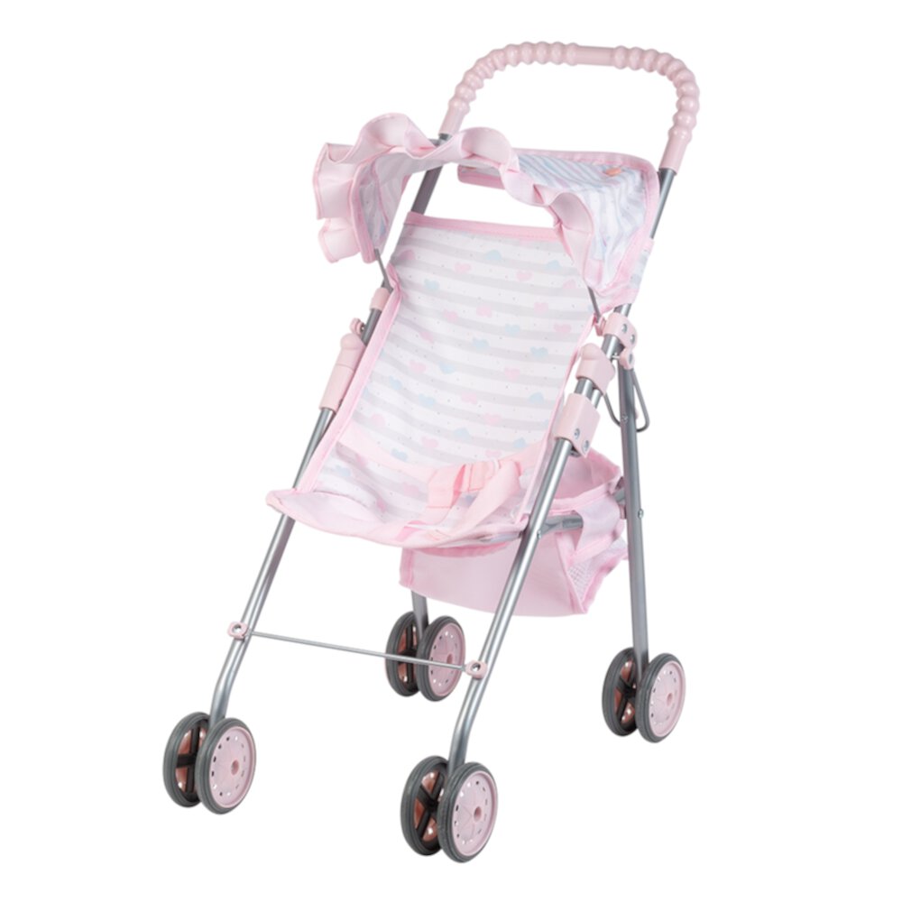 Adora Baby Doll Stroller with Umbrella Shade & Ruffle Trim, Adjustable Sun Cover and Doll Accessory Storage, Birthday Gift For Ages 3+ - Pastel Pink Heart Adora