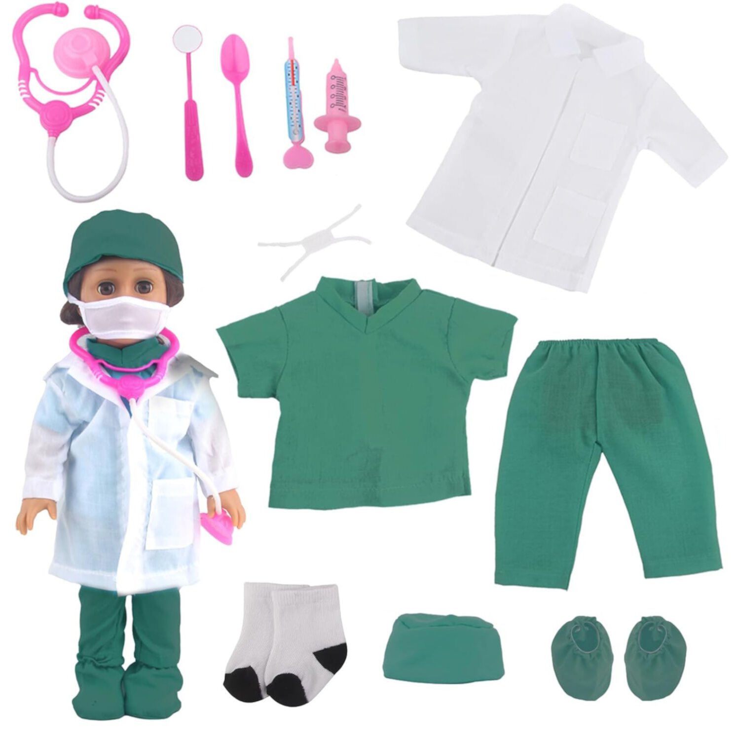 Baby Doll Accessories, 18 Inch Doll Doctor Uniform and Medical Kit, Includes White Coat, Green Scrubs, Hat and Doctor Toy, Doctor Playset for Girl Dolls Style-Carry