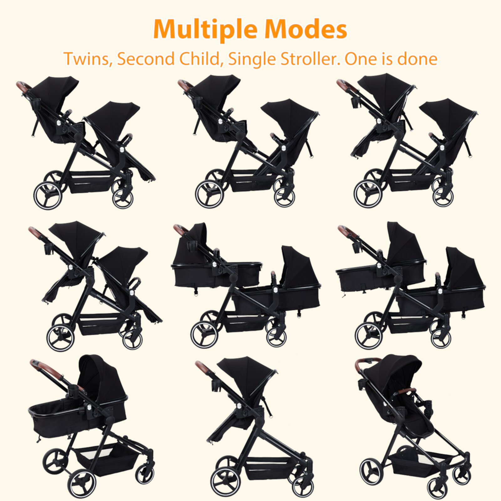 Kojooin Double Stroller Track Tandem Stroller,Foldable Pushchair Bassinet Pram,Multi-Position Reversible & Adjustable Backrest,Black Kojooin