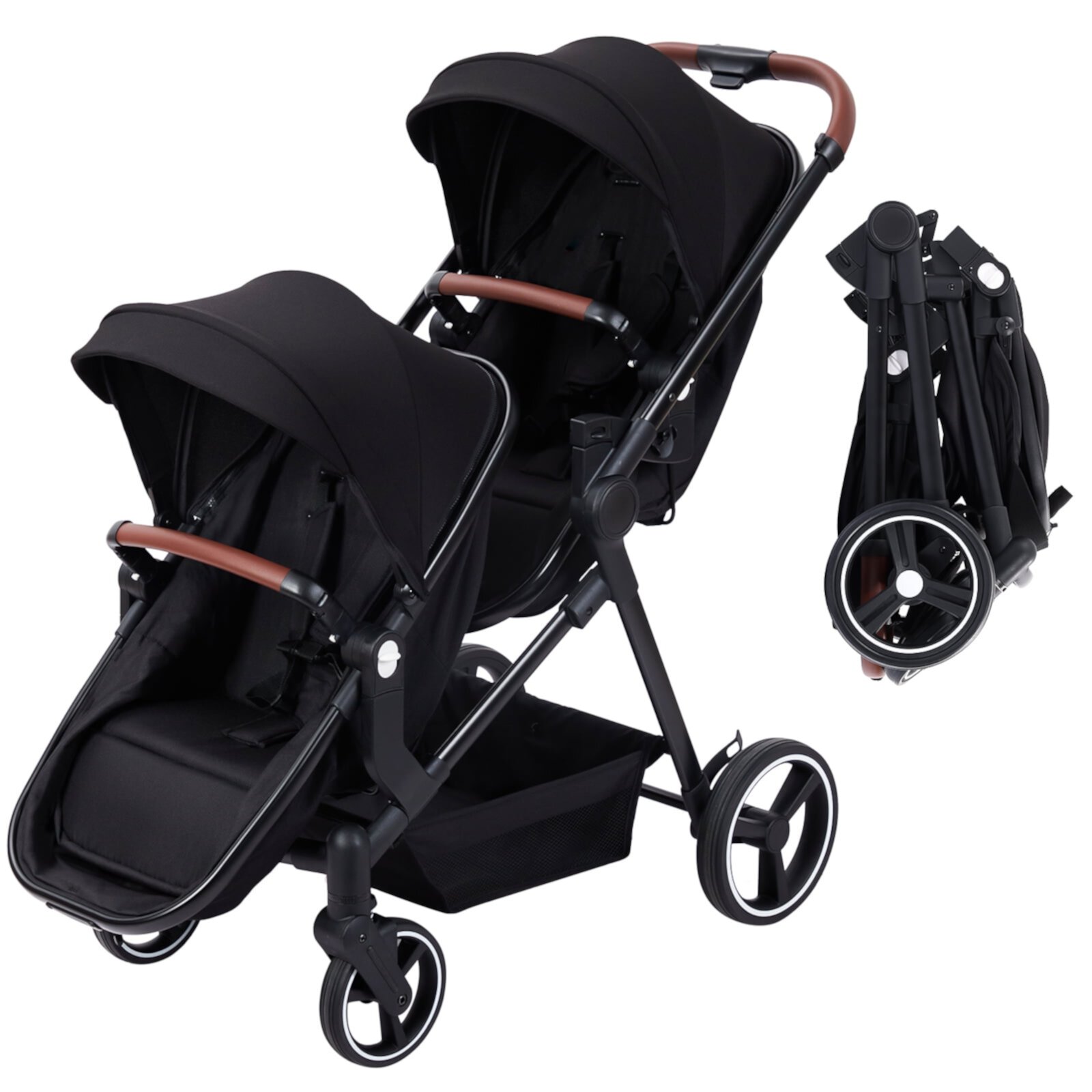 KTENME 2024 New Double Stroller Track Tandem Stroller for Infant and Toddler, Foldable Pushchair Bassinet Pram, Multi-Position Reversible & Adjustable Backrest, Large Storage Basket and Canopy KTENME