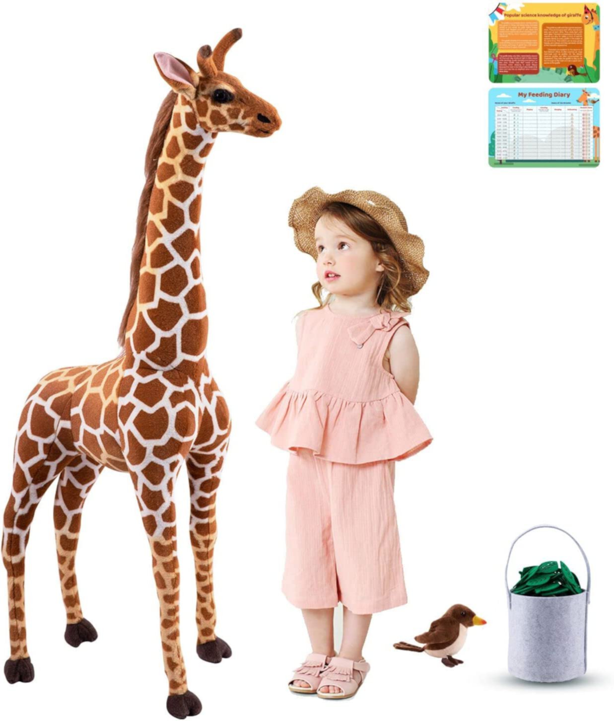 BRINJOY Giant Giraffe Stuffed Animal Set, 47 Inch Large vivid Plush Giraffe Toy with Bird&Basket&Leaves&Card, Standing Giraffe for kids BRINJOY