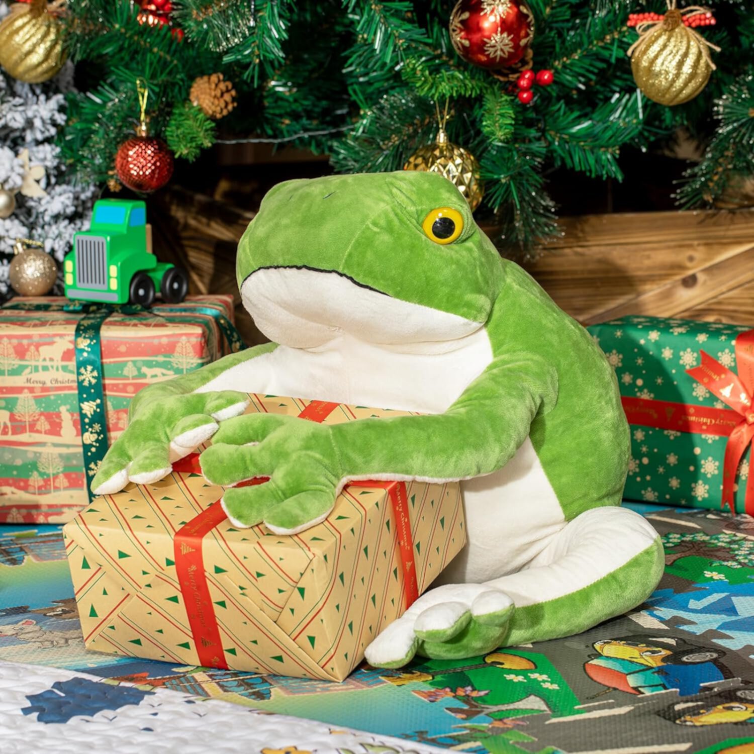 BRINJOY Giant Frog Stuffed Animal, 28" Large Plush Green Tree Frog w/Magnet, Christmas Stickers, Big Stuffed Lifelike Frog, Jumbo Oversized Toy for Toddlers Kids Boys Girls, Age 3+ BRINJOY