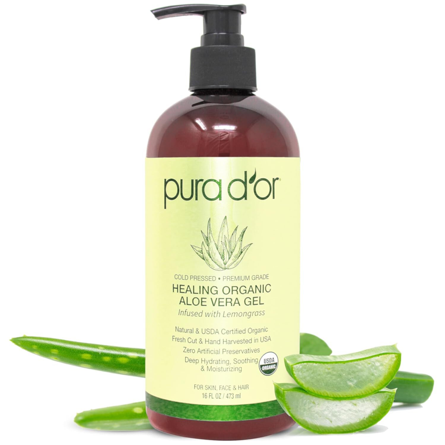 PURA D'OR Organic Aloe Vera Gel Lemongrass Scented 16 Fl Oz PURA D'OR