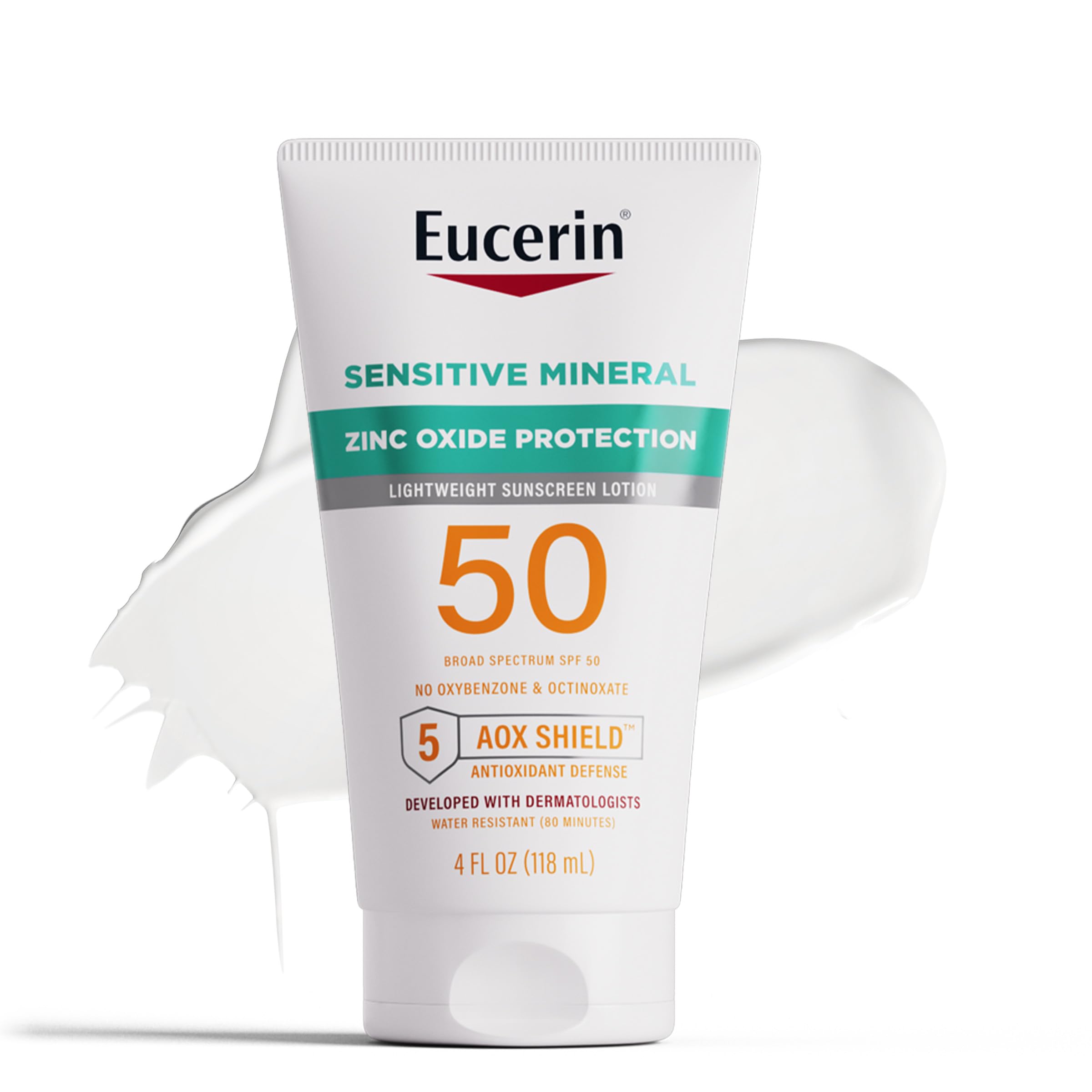 Eucerin Sun Sensitive Mineral Sunscreen HYZ01 Lotion SPF 50, Hypoallergenic, Fragrance Free Sunscreen with Zinc Oxide Protection, 4 Fl Oz Tube Eucerin