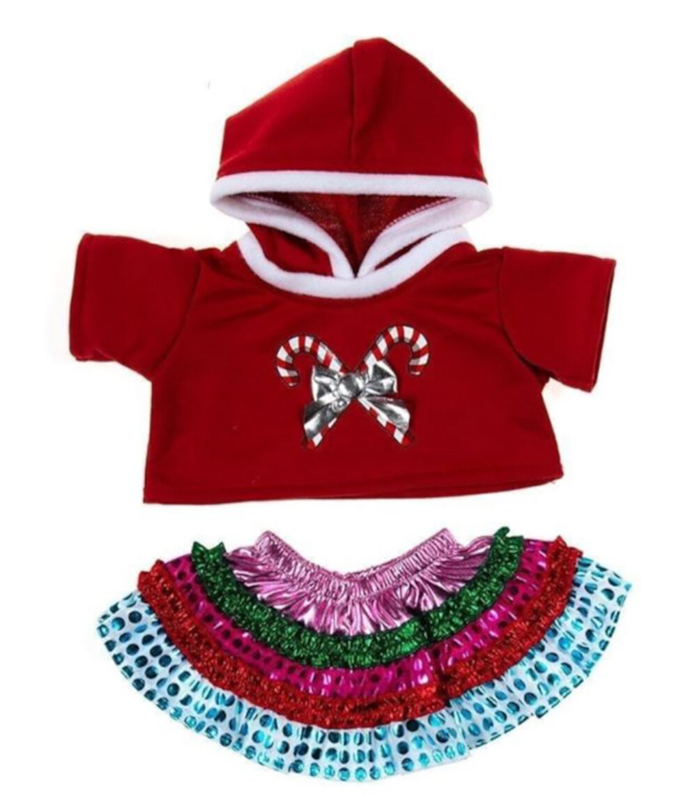 stuffems toy shop candy cane hoodie and skirt, teddy bear clothes outfit fits most 14" - 18" build-a-bear, vermont teddy bears, and make Stuffems Toy